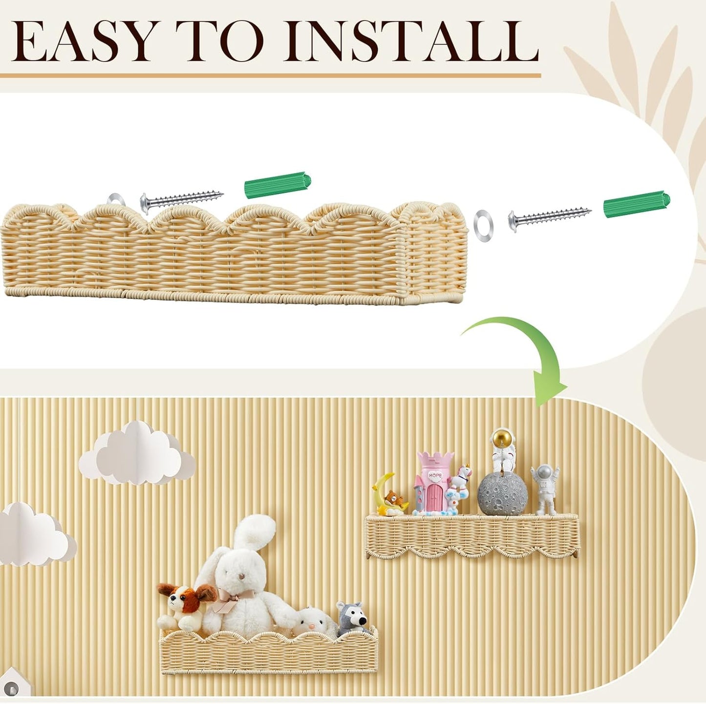 Pinkunn 3 Set Nursery Book Shelves Scalloped Rattan Wall Shelf 15.8 x 3.2 Inch Wall Mounted Plastic Floating Book Shelve, Hanging Boho Wicker Woven Shelf for Nursery Decor and Storage (Boho Beige)