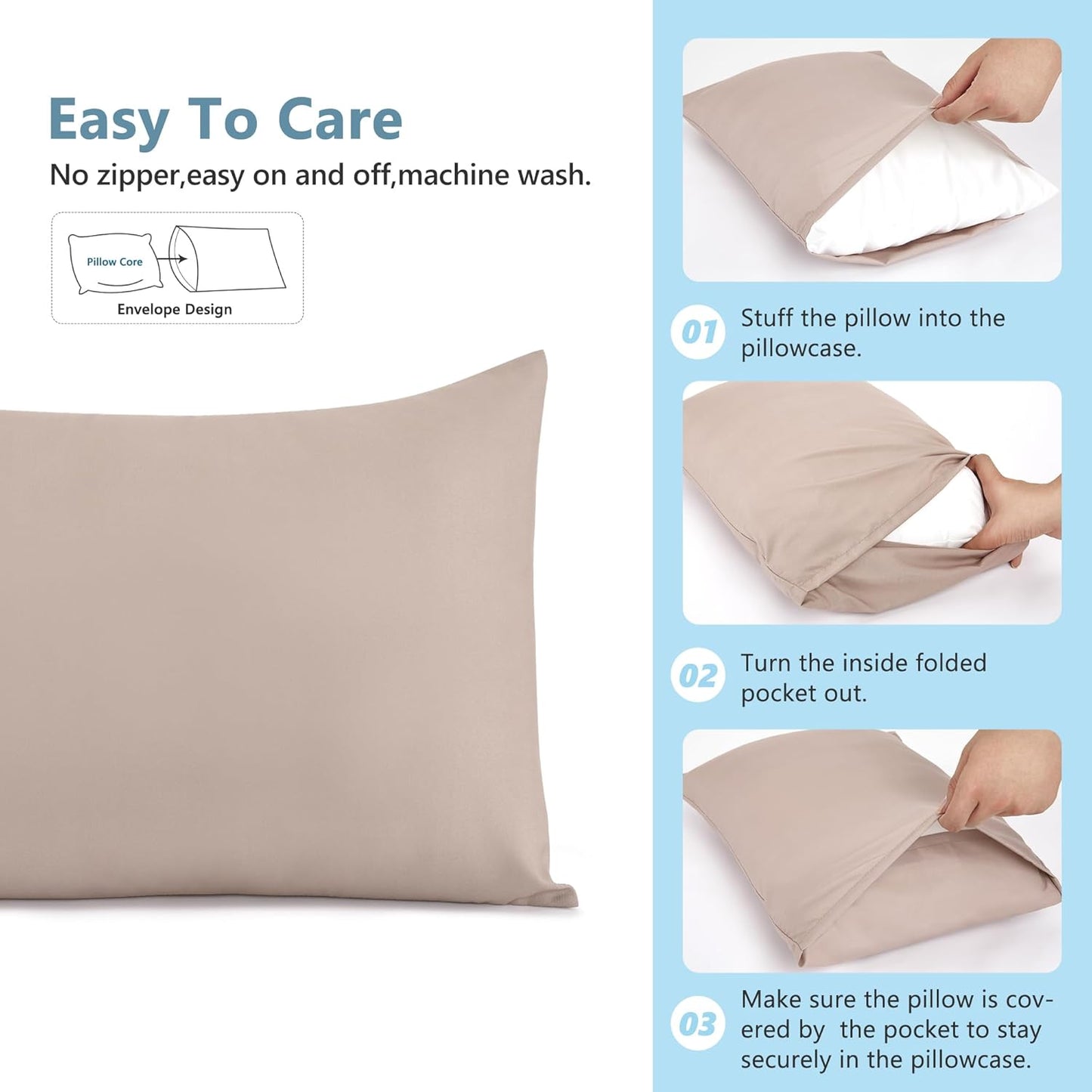 TILLYOU Toddler Pillowcase 2 Pack with Envelope Closure,13" x 18" Silky Soft Microfiber Travel Kids Pillowcase for Boys and Girls, Khaki & Brown