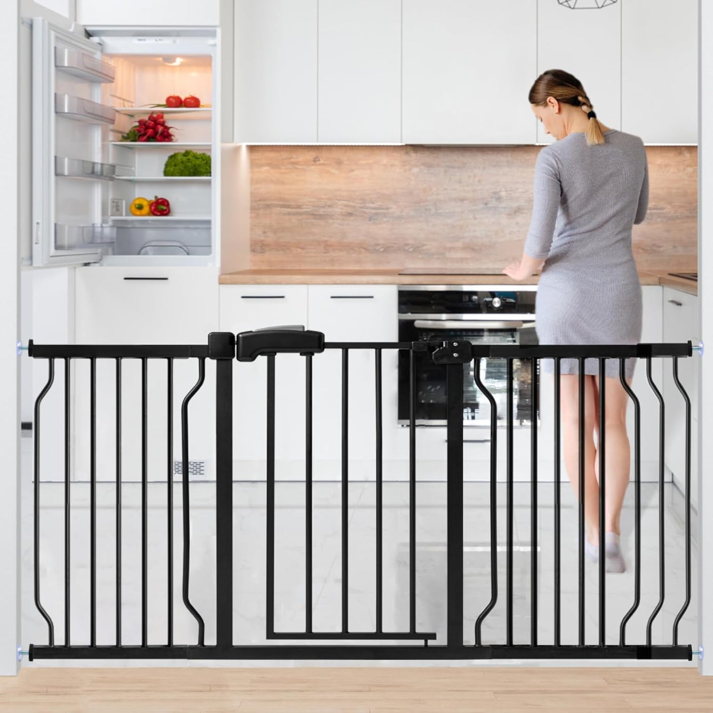 Extra Wide Baby Gate for Stairs Doorways with Door, 30" Tall 57.1-66.5" Wide Easy Install Dog Gate Indoor, Safety Metal Pressure Mounted Pet Gate with Walk-Thru Auto Close for the House, Black