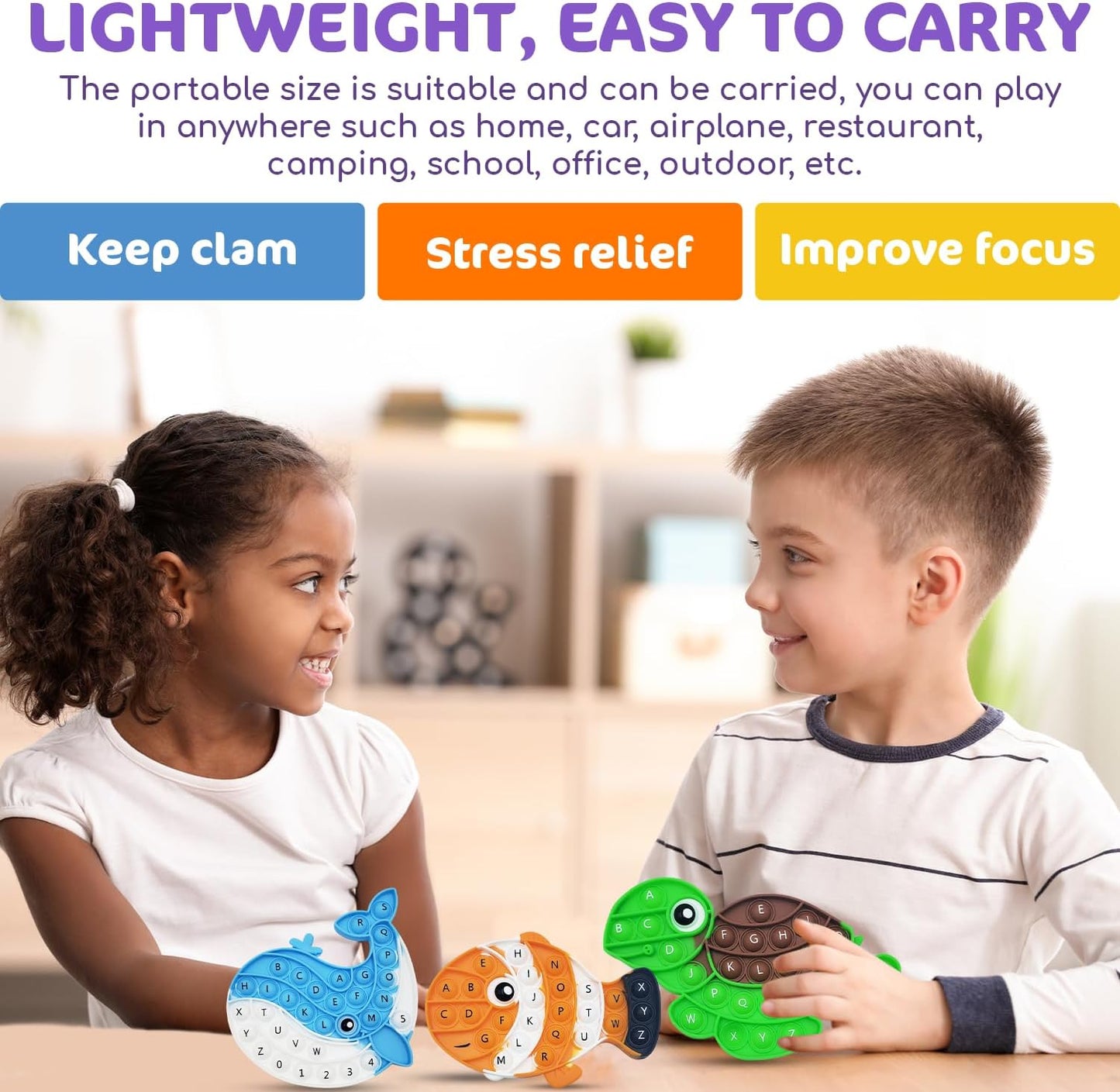 Marine Pop Fidget Toys Set with ABCs, Silicone Rainbow Dinosaur Popper Fidget Set for Children, Sensory Squeeze Toys Stress Reliever Tool for Kids Adult ADHD 3 Pack, Whale, Turtle and Clownfish