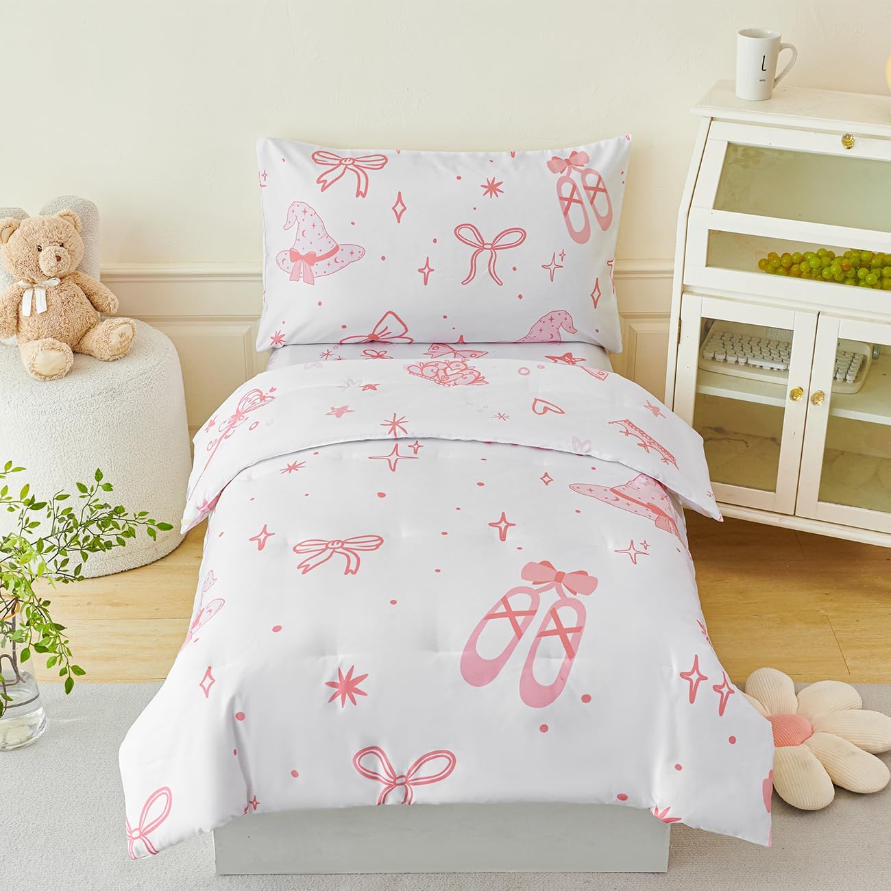 PERFEMET 4 Pieces Bow Comforter for Toddler Girls Reversible Bowknot Pink Toddler Bedding Set Ultra Soft Lightweight Princess Crib Bed Set with Sheets