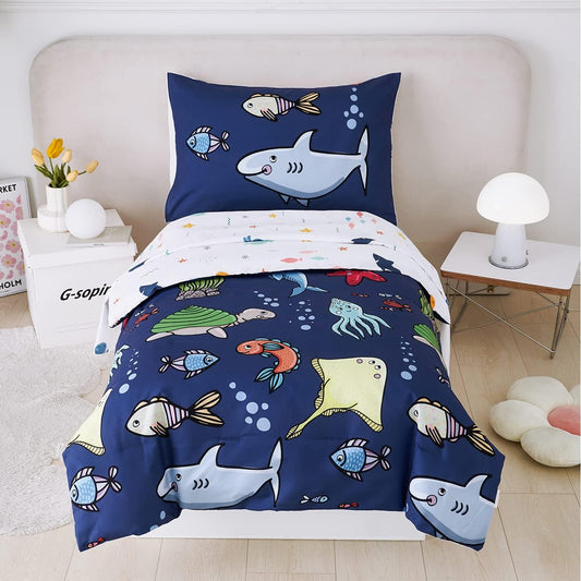 PERFEMET 4 Pieces Twin Bed in A Bag Navy Blue Ocean Animal Themed Kids Comforter Set for Boys Girls Soft Reversible Marine Life Bed Set with Kids Sheets(Navy Blue, Sharks/Dolphins/Fish)