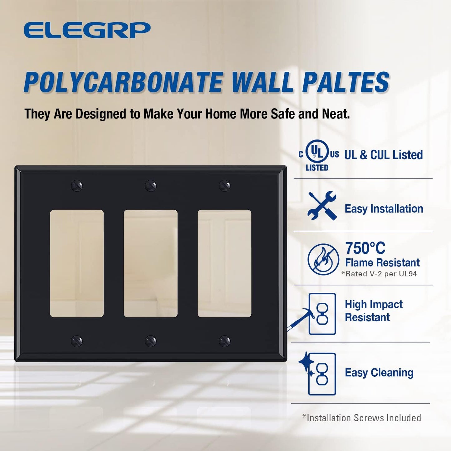 ELEGRP 3-Gang Decorative Wall Plates, Mid-Size 4.88" H x 6.75" L Unbreakable Thermoplastic Faceplate Cover for Decorator Receptacle Outlet Switch, UL Listed (5 Pack, Glossy Black)