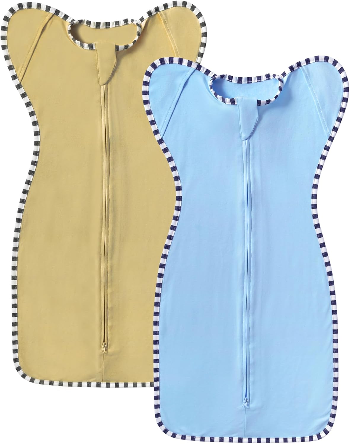 Transition Swaddle, 2 Pack 100% Cotton Baby Sleep Sack, 2-Way Zipper Infant Arm Up Swaddle for Newborn Baby Boys Girls (Khaki + Sky Blue, L(6-9 Months))