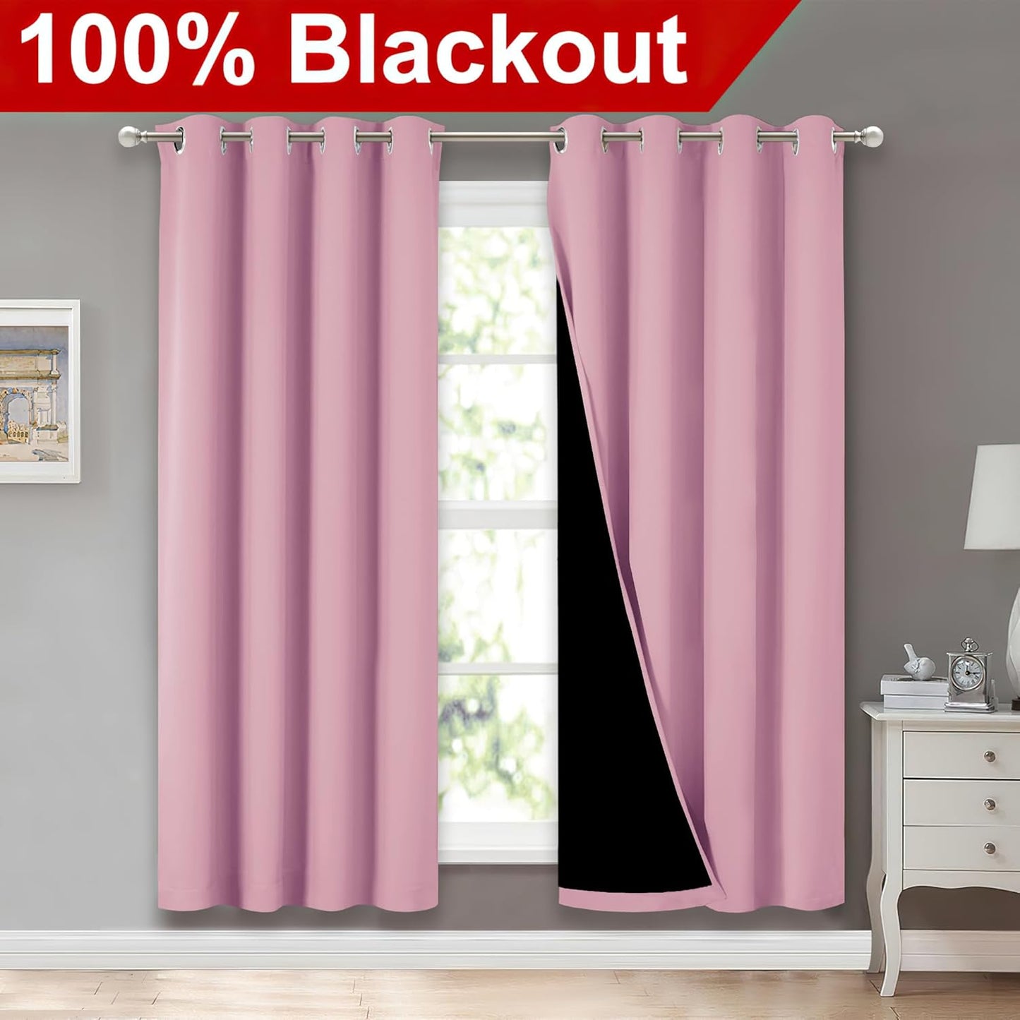 NICETOWN Crystal Pink Full Shade Curtain Panels, Pair of Energy Smart & Noise Blocking Out Blackout Drapes for Dining Room Window, Thermal Insulated Guest Room Lined Window Dressing(52 x 72 inch)