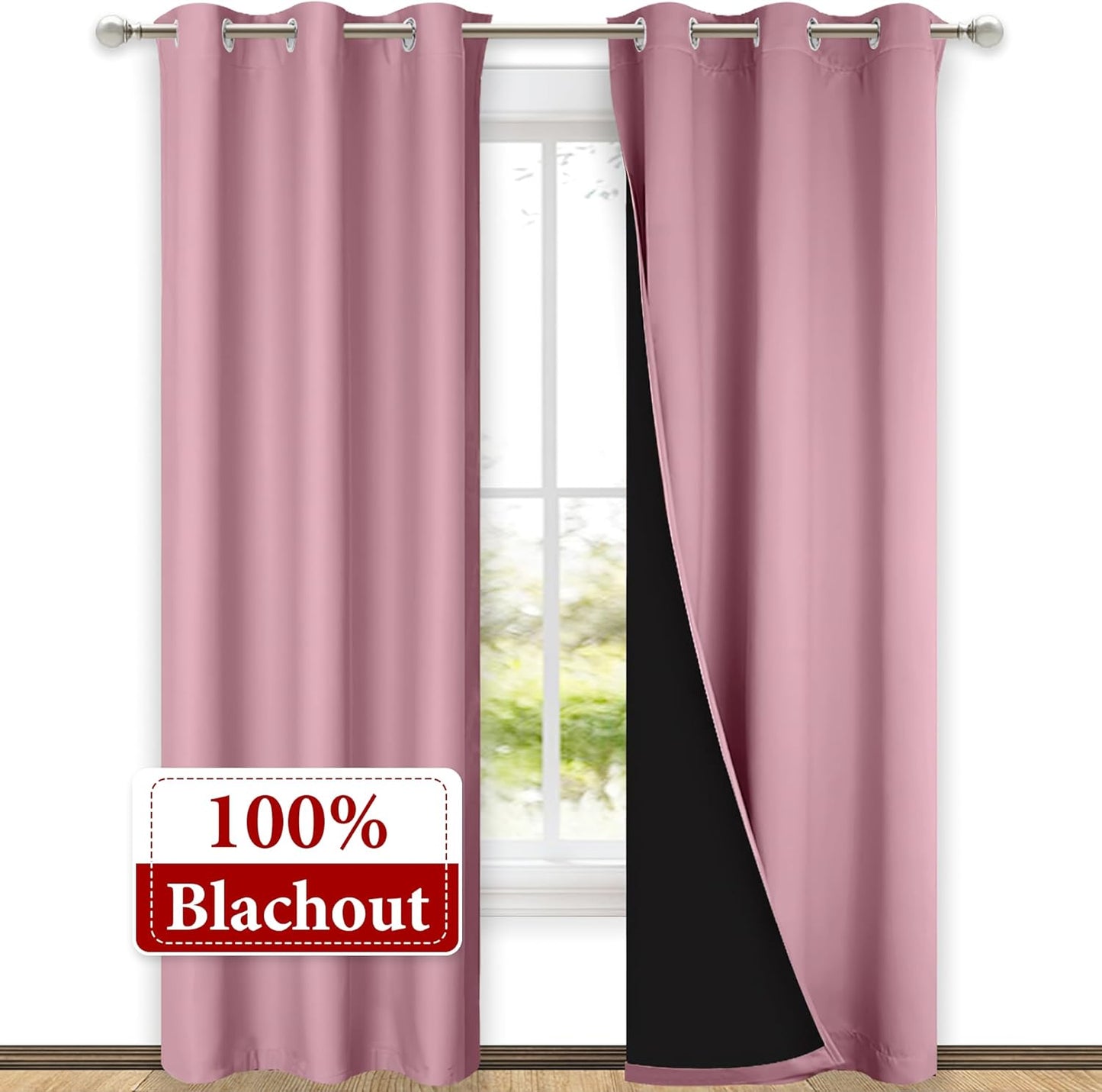 NICETOWN Blackout Curtains 80 inches Long, Full Light Blocking Drapes with Black Liner for Nursery, Thermal Insulated Draperies for Hall, Villa (Crystal Pink, 2 Pieces, 42" Wide Each Panel)