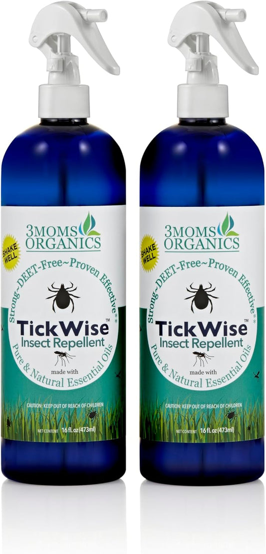 3 Moms Organics, TickWise 16oz Extra Strength Double Mama 2-Pack - DEET- Free, Tick and Insect Repellent, Plant Based Essential Oils, All Natural Ingredients, Safe for Kids, Adults, Dogs & Horses