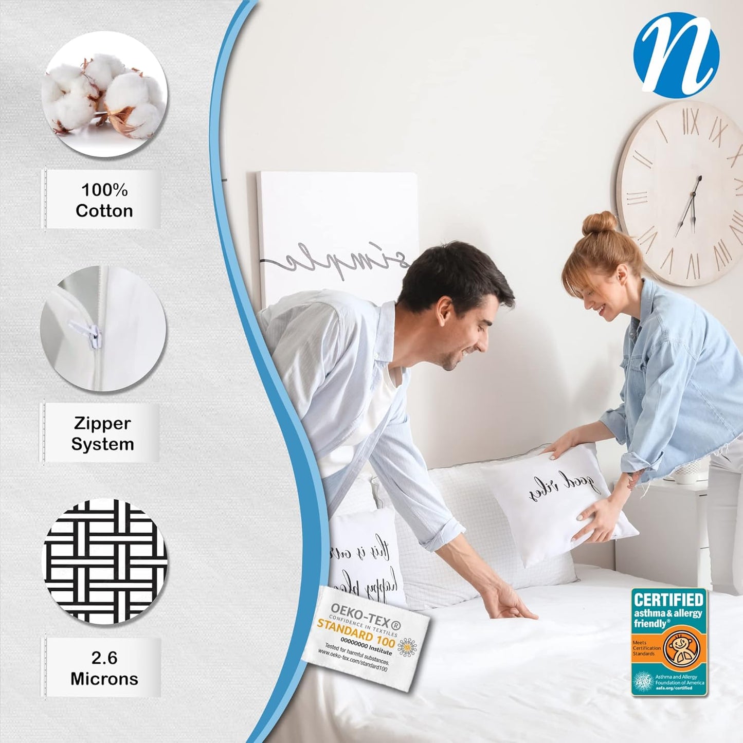 National Allergy Superior 100% Cotton Queen Mattress Protector Zippered - 60" x 80" x 12" - Hypoallergenic Bed Encasement - Breathable Dust Proof Cover - AAFA & Oeko-TEX Standard 100 Certified