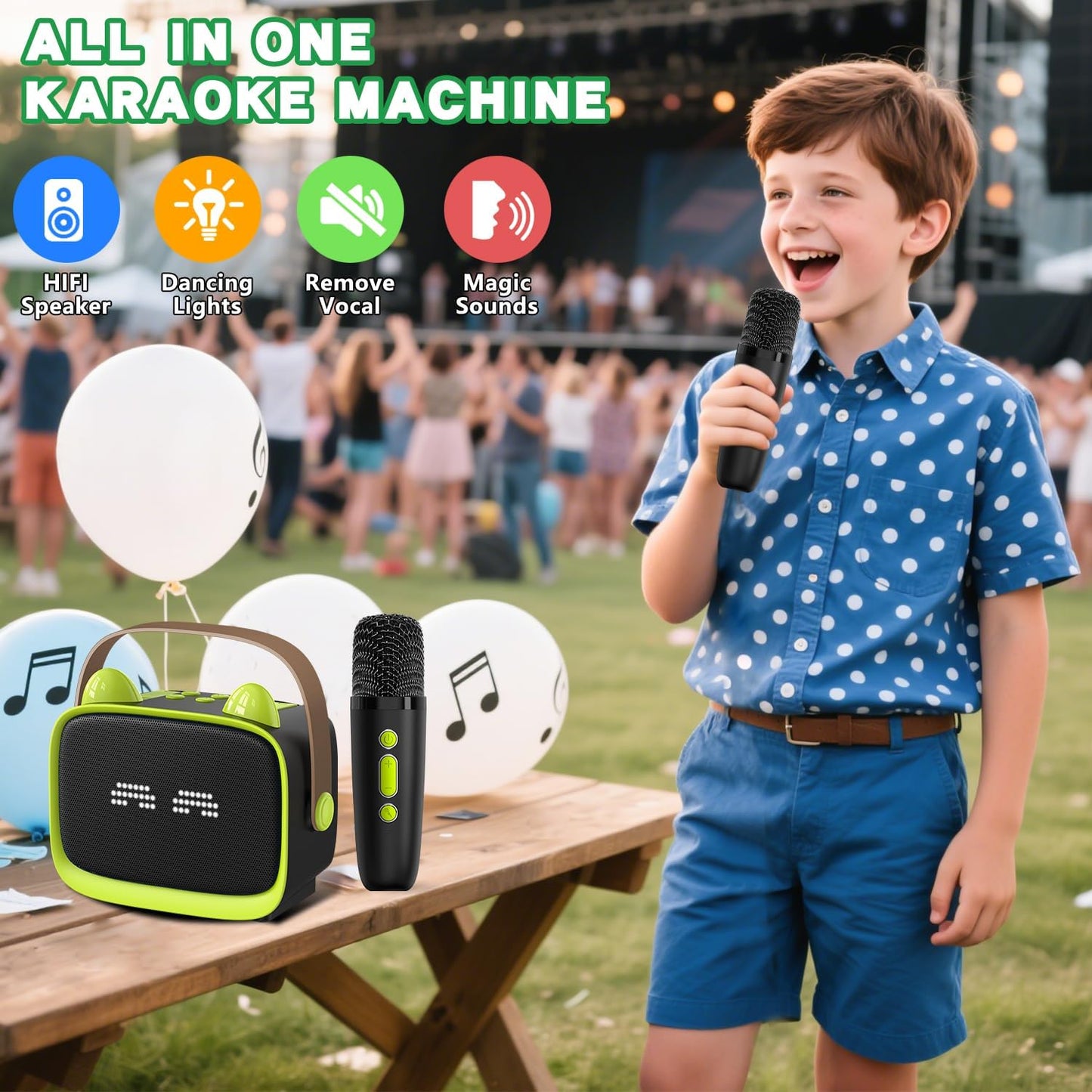 Mgaolo Upgraded Mini Karaoke Machine Toy for Kids, Portable Bluetooth Speaker with 2 Wireless Mics, Emoji & Colorful LED Lights, Home Travel & Party Play Gifts for Boys Girls (Green)