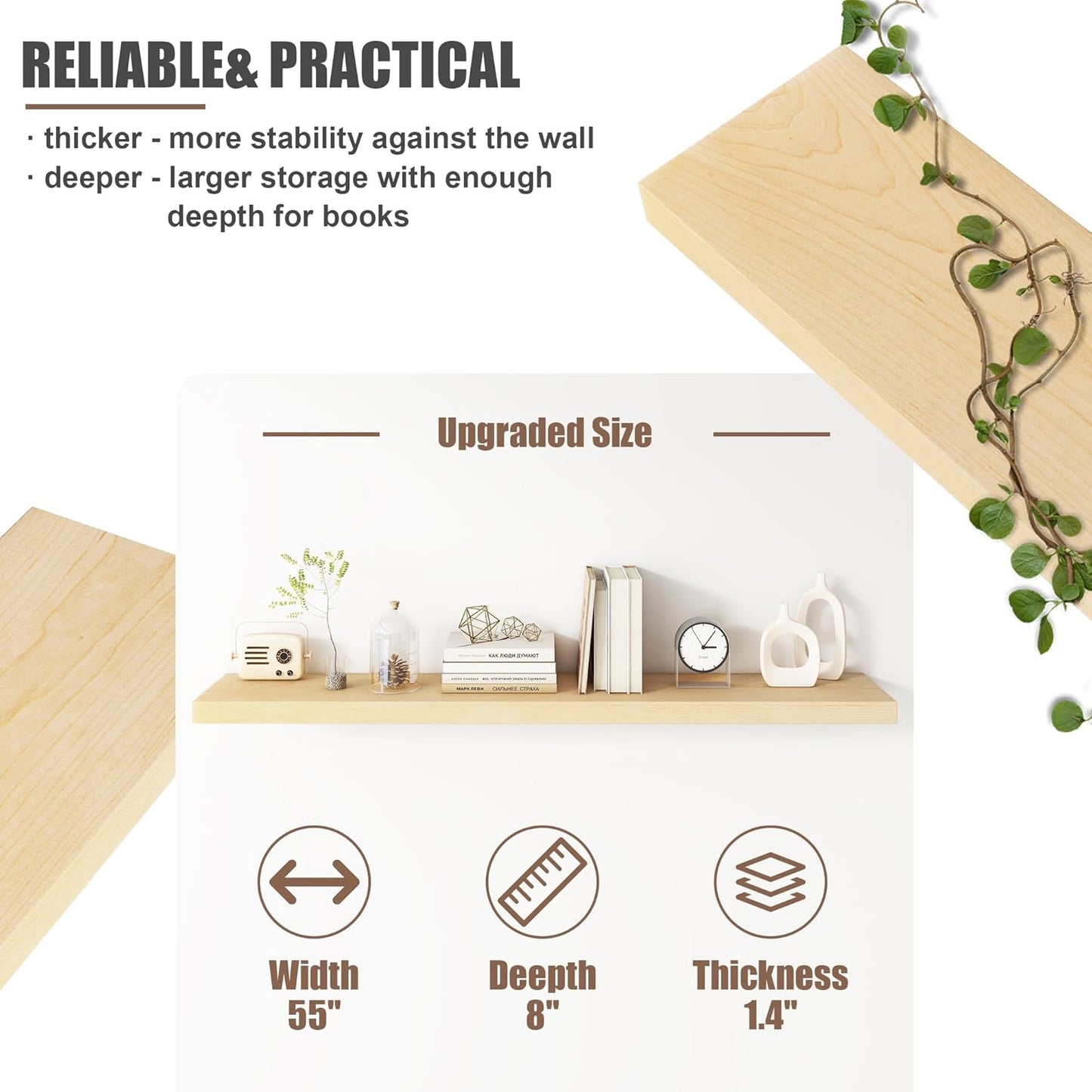 Floating Shelves for Wall, USA-Sourced Maple Wood 55 Inch Long Wall Shelves, Natural Wooden Mounted Picture Ledge Shelf, Nursery Book Storage Shelf Kids Bookshelf, Display Shelf for Bathroom