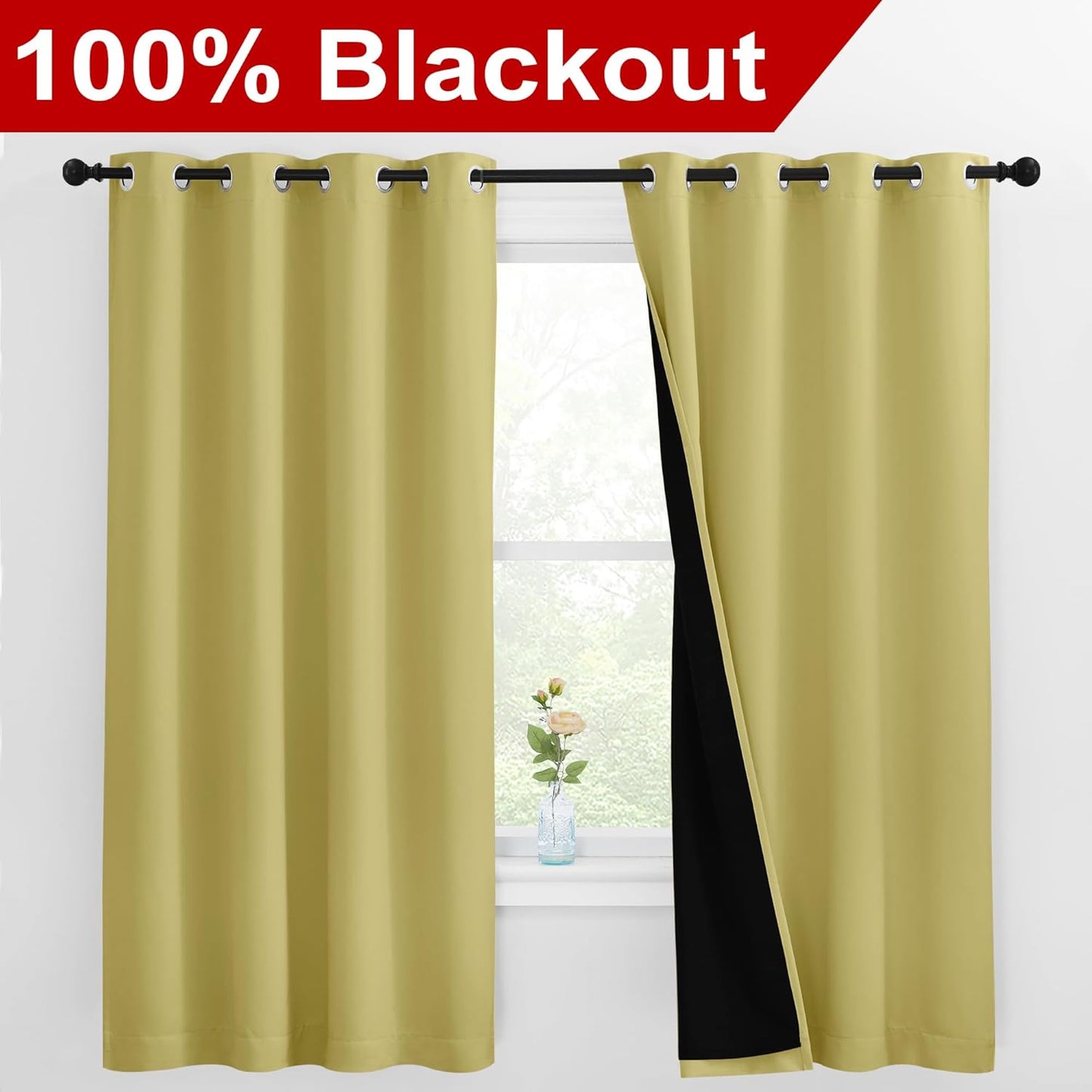 NICETOWN 100% Blackout Curtains with Black Liners, Thermal Insulated Full Blackout 2-Layer Lined Drapes, Energy Efficiency Window Draperies for Bedroom (Paler Yellow, 2 Panels, 55-inch W by 68-inch L)