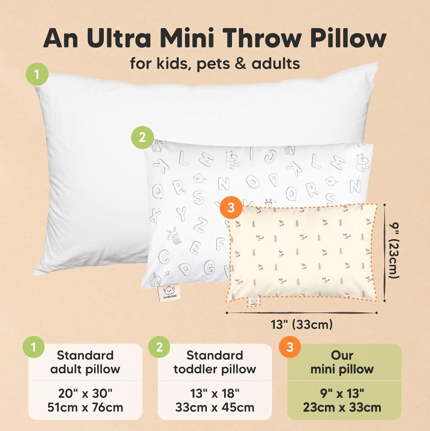 Mini Toddler Pillow with Pillowcase - 9x13 My Little Dreamy Travel Kids Pillow for Sleeping, Toddler Bed, Small, Tiny, Organic Cotton Pillowcase, Soft & Breathable, Kids 2-4 Years Old (Fox Tales)