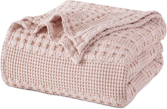 PHF 100% Cotton Waffle Weave Blanket Queen Size, Soft Lightweight Breathable Cozy Summer Blankets for Bed, Luxury Aesthetic Woven Bedding for Home Decor, 90"x90", Pink/Mauve