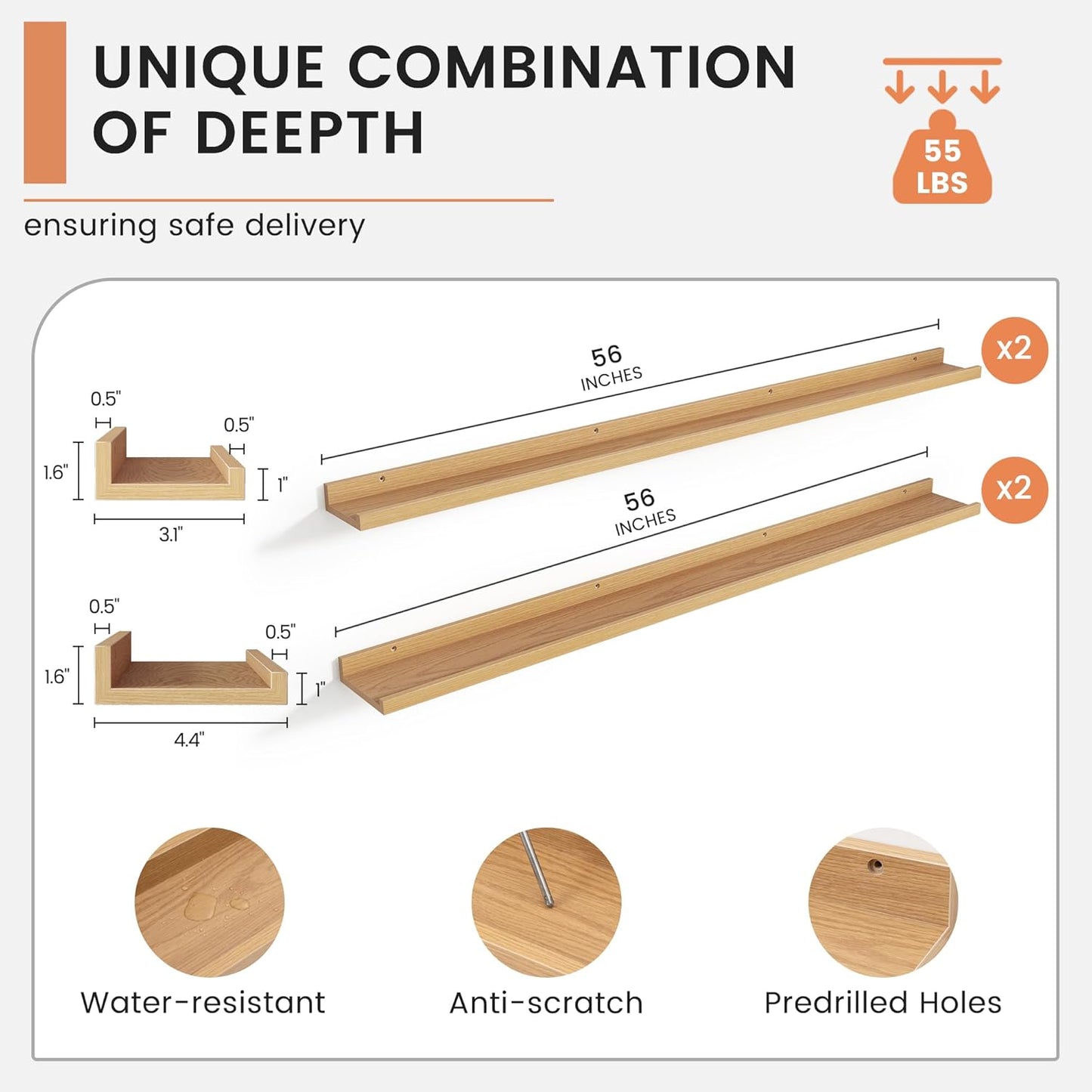 Floating Picture Ledge Shelves for Wall Set of 4, 56 Inch Wall Shelves with Lip Long Large Nursery Book Shelf for Toys Storage Kids Bookshelf Wall Mounted Living Room Bedroom Decor Frames