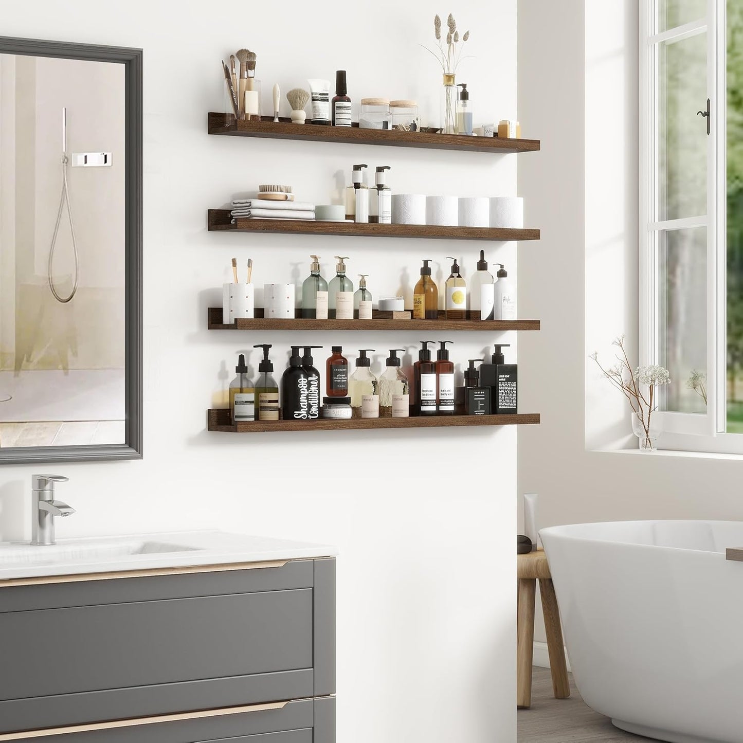 Fun Memories Picture Ledge Shelf, 36 Inch Floating Shelves for Wall, Nursery Bookshelf for Storage, Rustic Elm Wood Photo Ledge Shelves for Bedroom, Living Room, Kitchen (Walnut, 36in Set of 2)