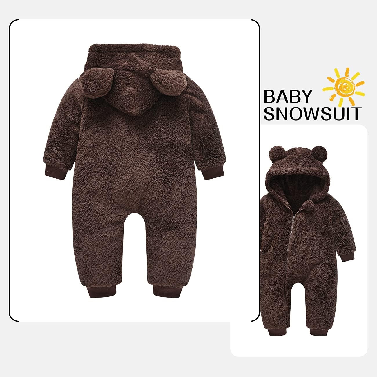 Baby Fleece Jumpsuits Infant Bear Ear Snowsuit Newborn Hooded Romper Warm Coat