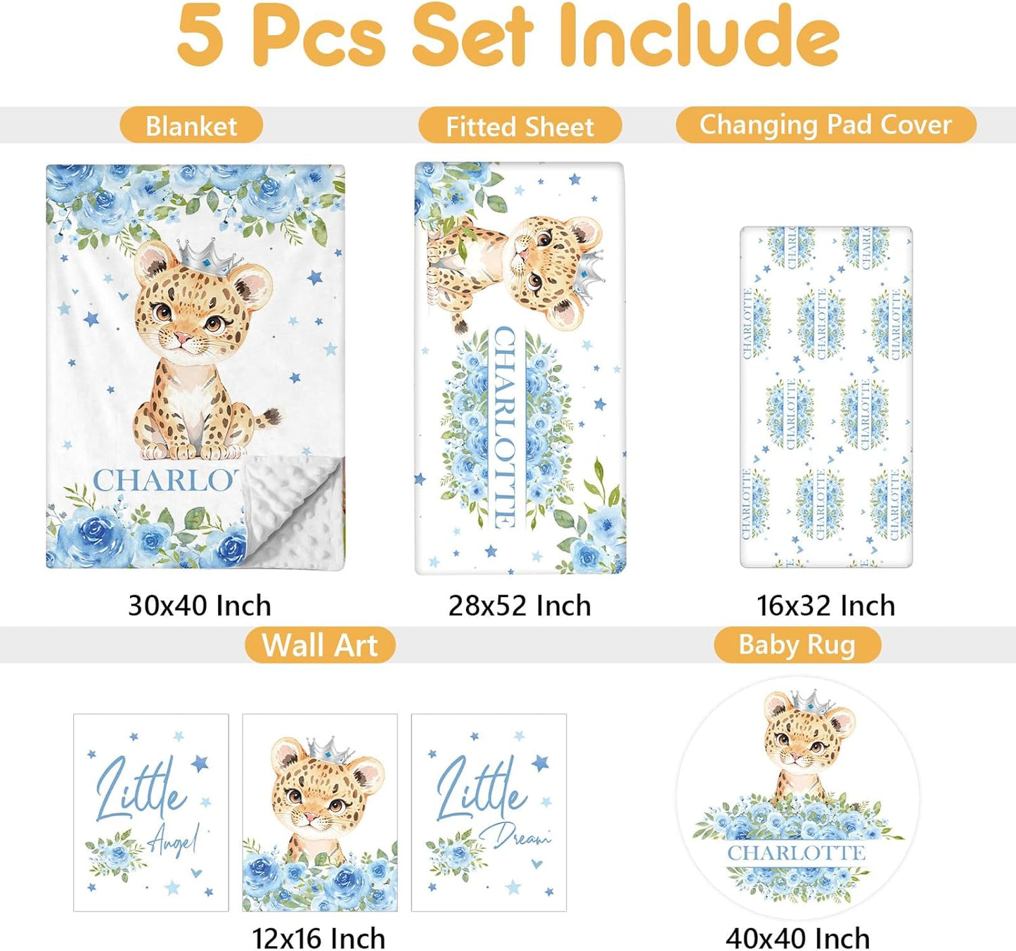 Personalized Crib Bedding Set, 5 Pcs Custom Nursery Bedding Sets with Name, Infant Bedding Set for Baby Boy Girl, Blue Leopard Double Layer Baby Crib Set, Babies Toddlers Kids Customized Gifts