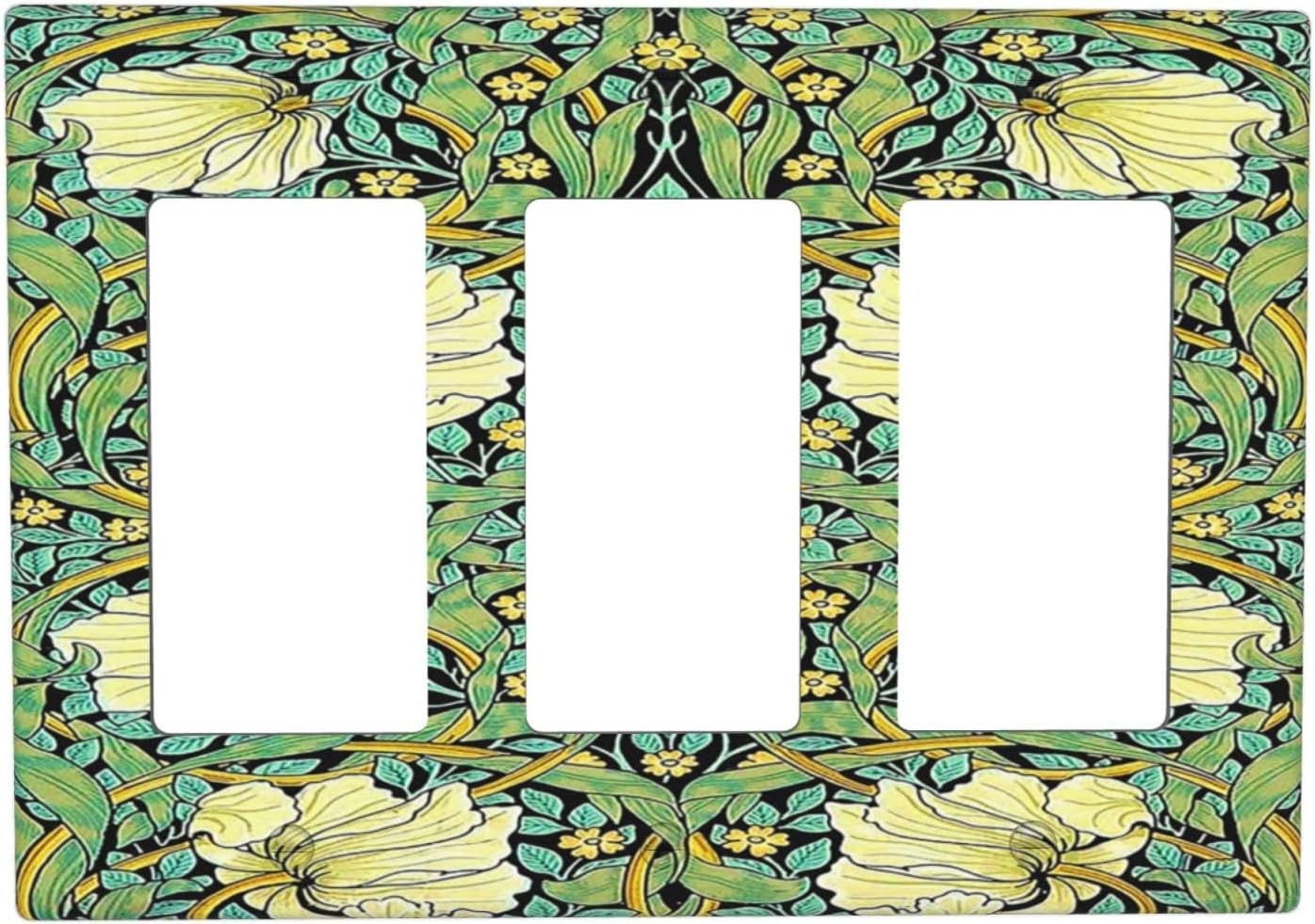 Light Switch Covers William Morris Vintage Floral Yellow Flowers Green Leaf 3 Gang Rocker Electrical GFCI Decorative Triple Outlet Wall Plate Cover Switchplate for Bedroom living Room Decor