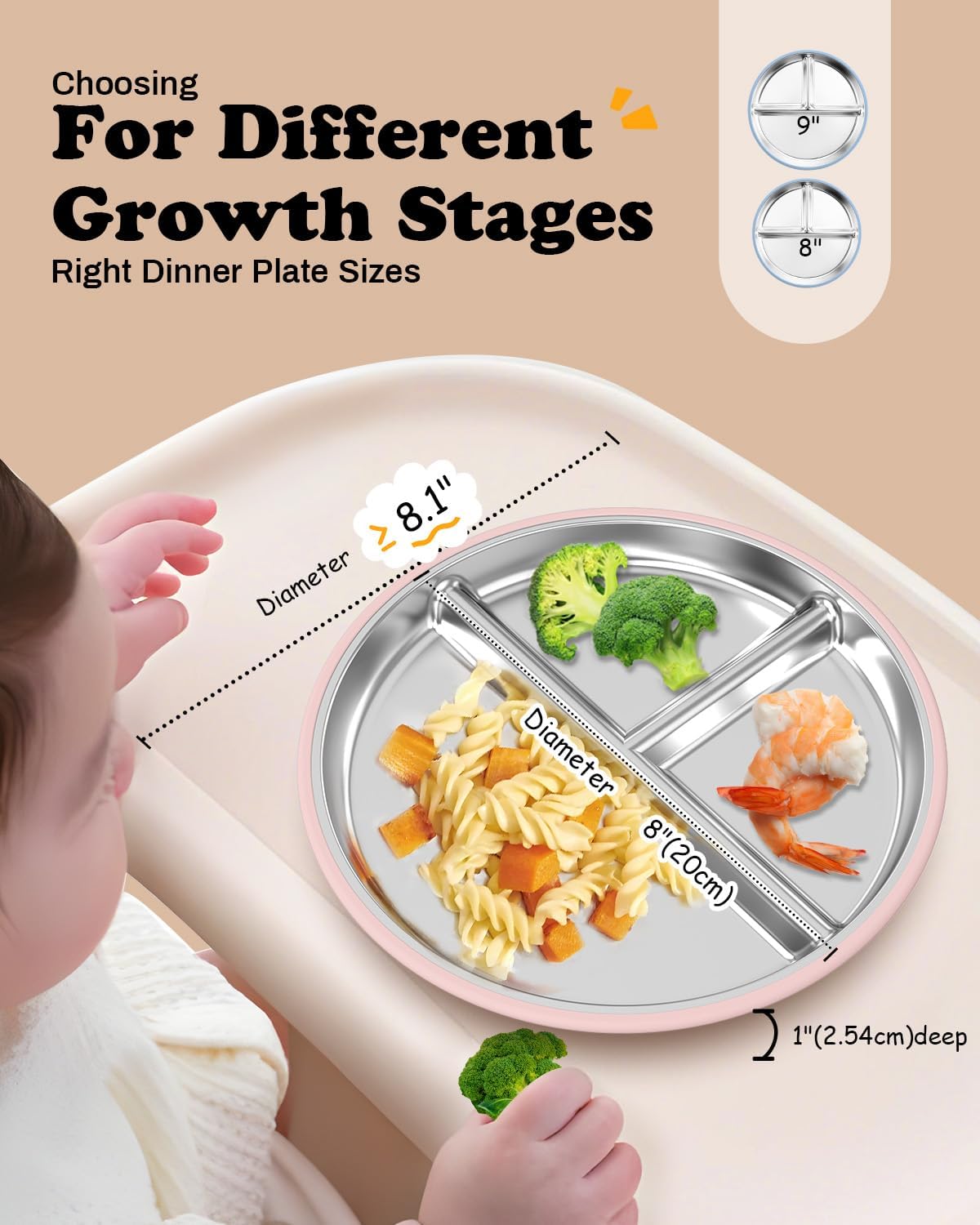 Stainless Steel Toddler Plate with Suction, 8” Divided Plates with Removable Silicone Sleeves for Baby, Non Toxic Unbreakable Kids Snack Dishes Set of 4, Sage Blue Gray Blush