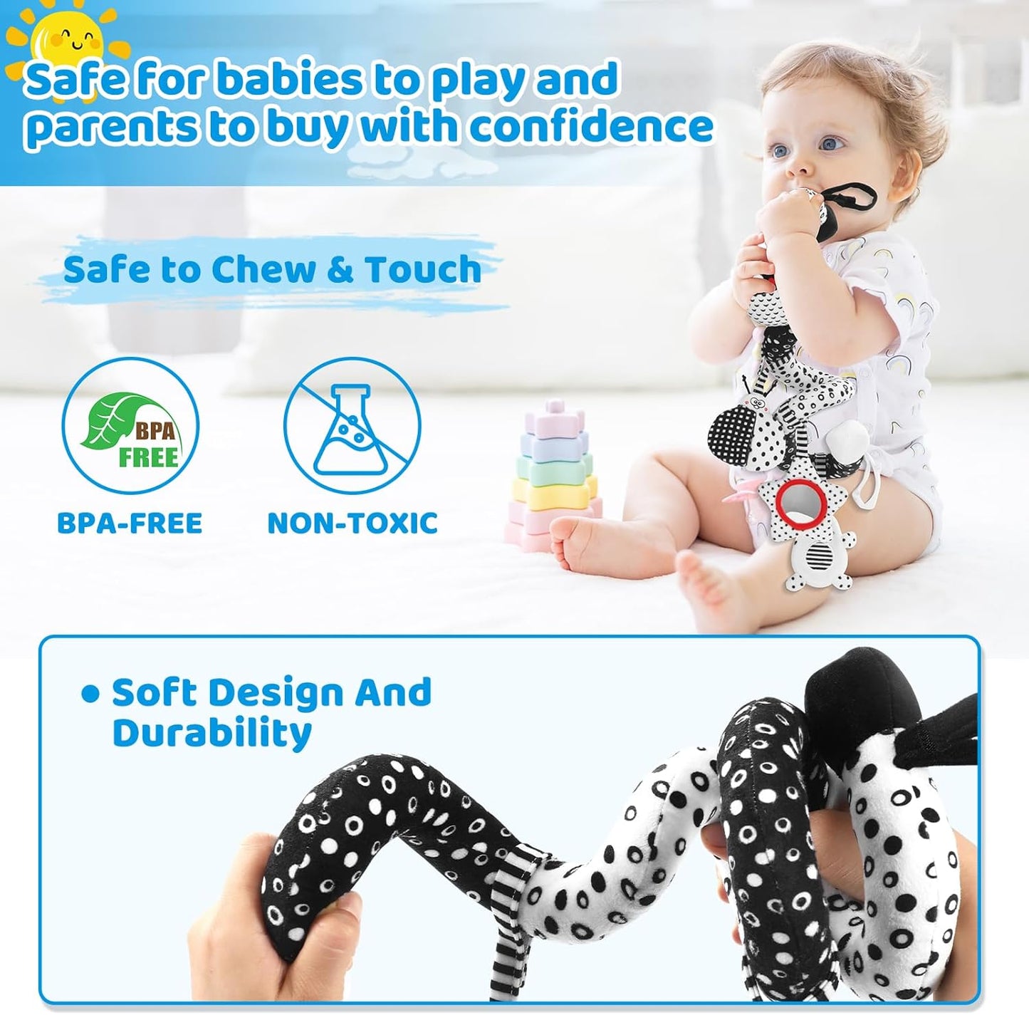 High Contrast Baby Toys - Black & White Hanging Toys for Car Seat, Stroller & Crib | Newborn Essentials 0-6 Months | Perfect