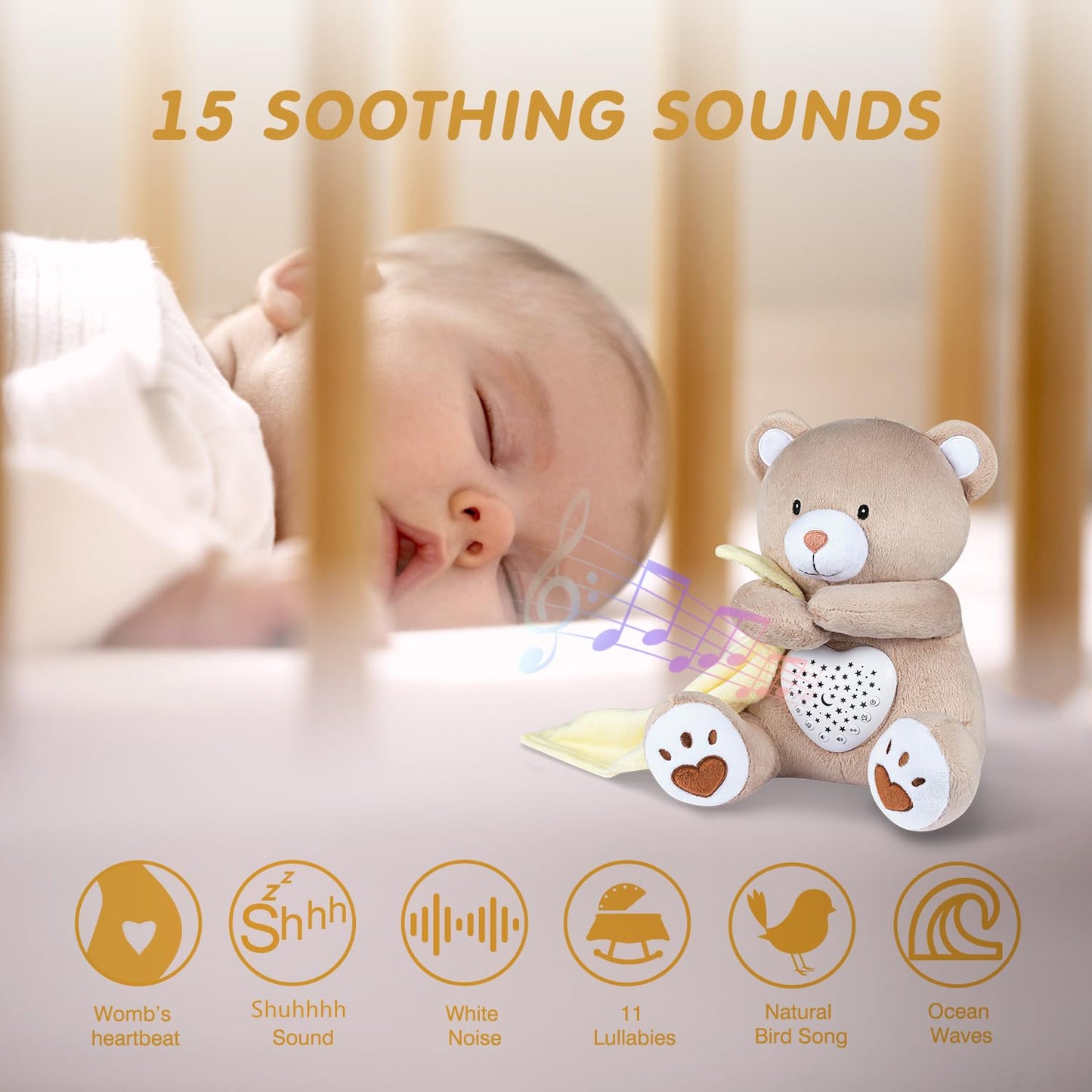 BEREST Rechargeable Baby Sleep Soother Bear, Mom's Heartbeat & Lullabies, White Noise Sound, Nursery Decor Night Light Projector, Toddler Crib Sleeping Aid, Baby Shower Gifts