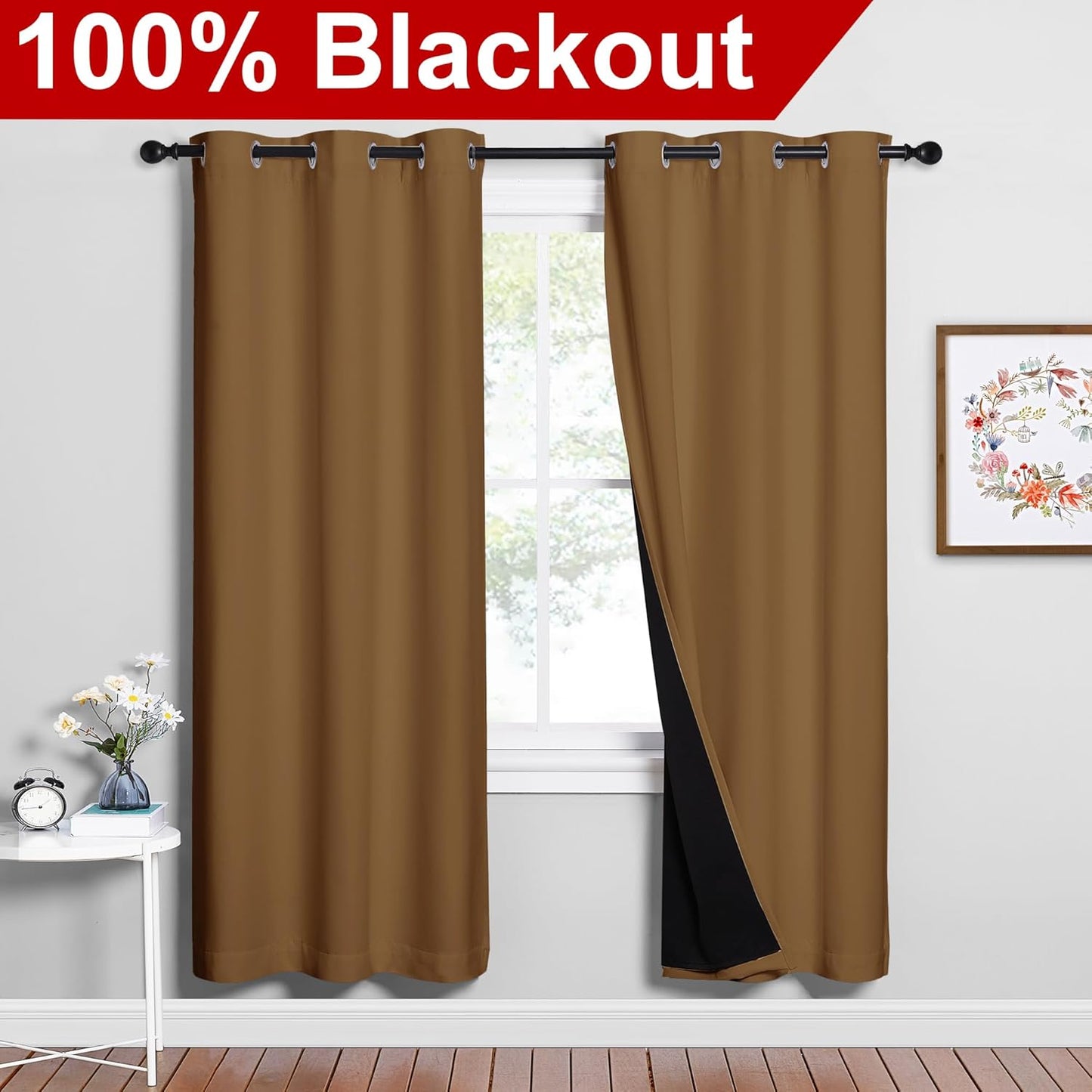 NICETOWN Full Shade Curtain Panels, 37" Wide x 70" Long, Gold Brown, Pair of Thermal Insulated & Energy Efficiency Blackout Drapes for Living Room, Lined Silky Performance Window Dressing