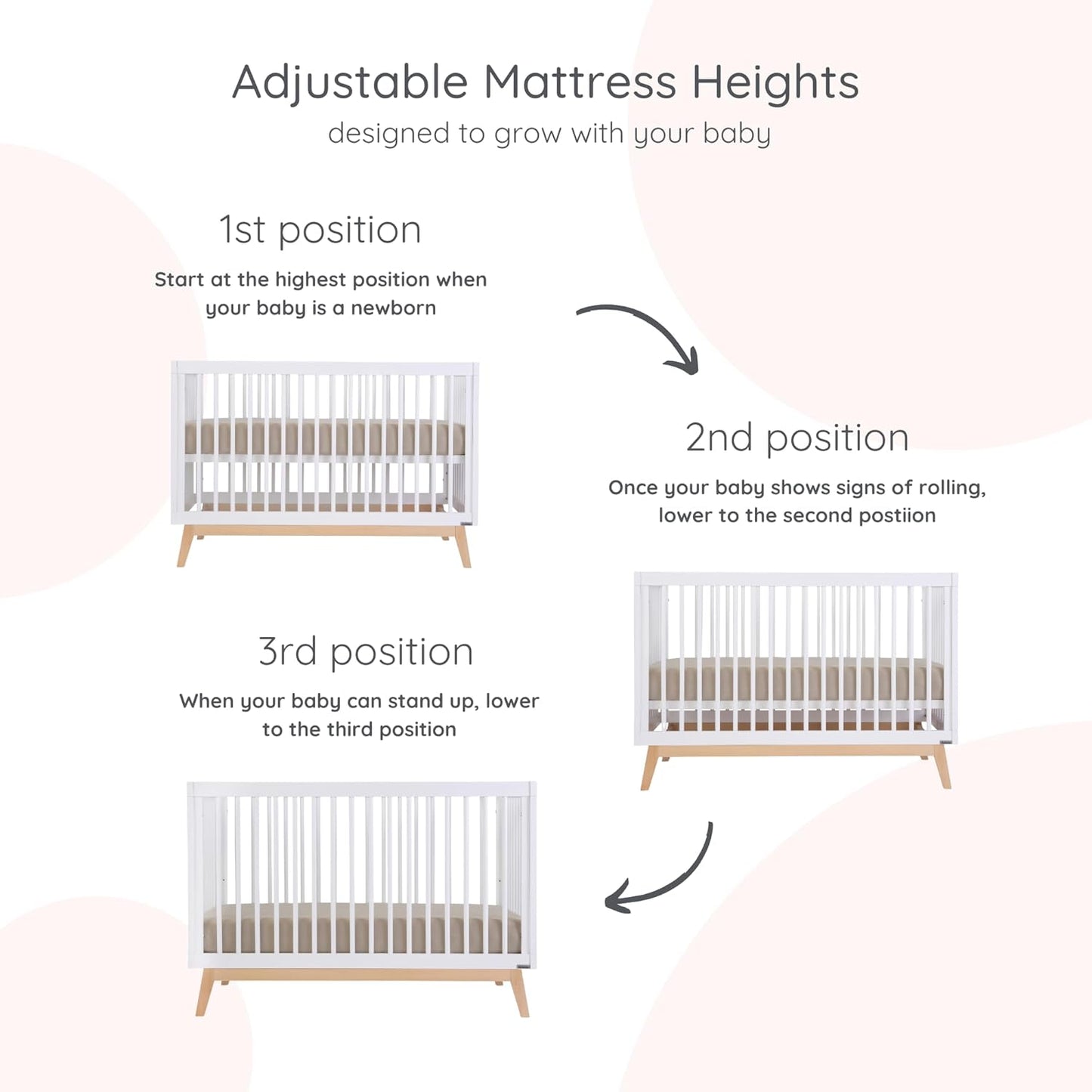dadada Baby Soho 3-in-1 Convertible Wooden Crib to Toddler Bed - Made in Italy, GREENGUARD Gold Certified, Baby-Safe Finish, Sustainable Beech Wood, Modern Design, 3 Adjustable Heights (White/Natural)