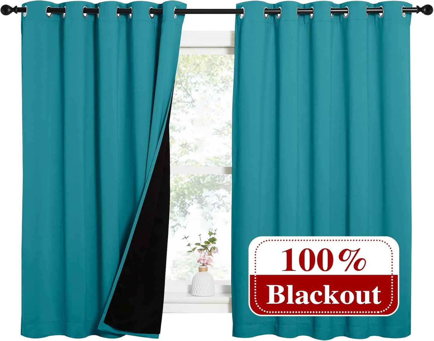 NICETOWN Peacock Teal 100% Blackout Lined Curtains, 2 Thick Layers Completely Blackout Window Treatment Thermal Insulated Drapes for Kitchen/Bedroom (1 Pair, 62" Width x 63" Length Each Panel)