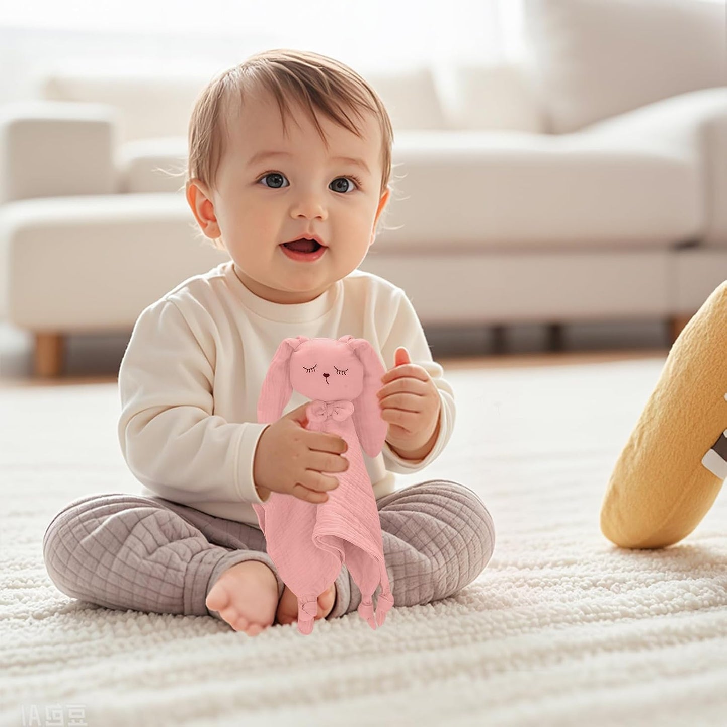 Easter Basket Stuffers, Organic Cotton Muslin Bunny Loveys for Babies Baby Security Blanket Baby Snuggle Toy Newborn Essentials Must Haves(Rabbit-Pink)