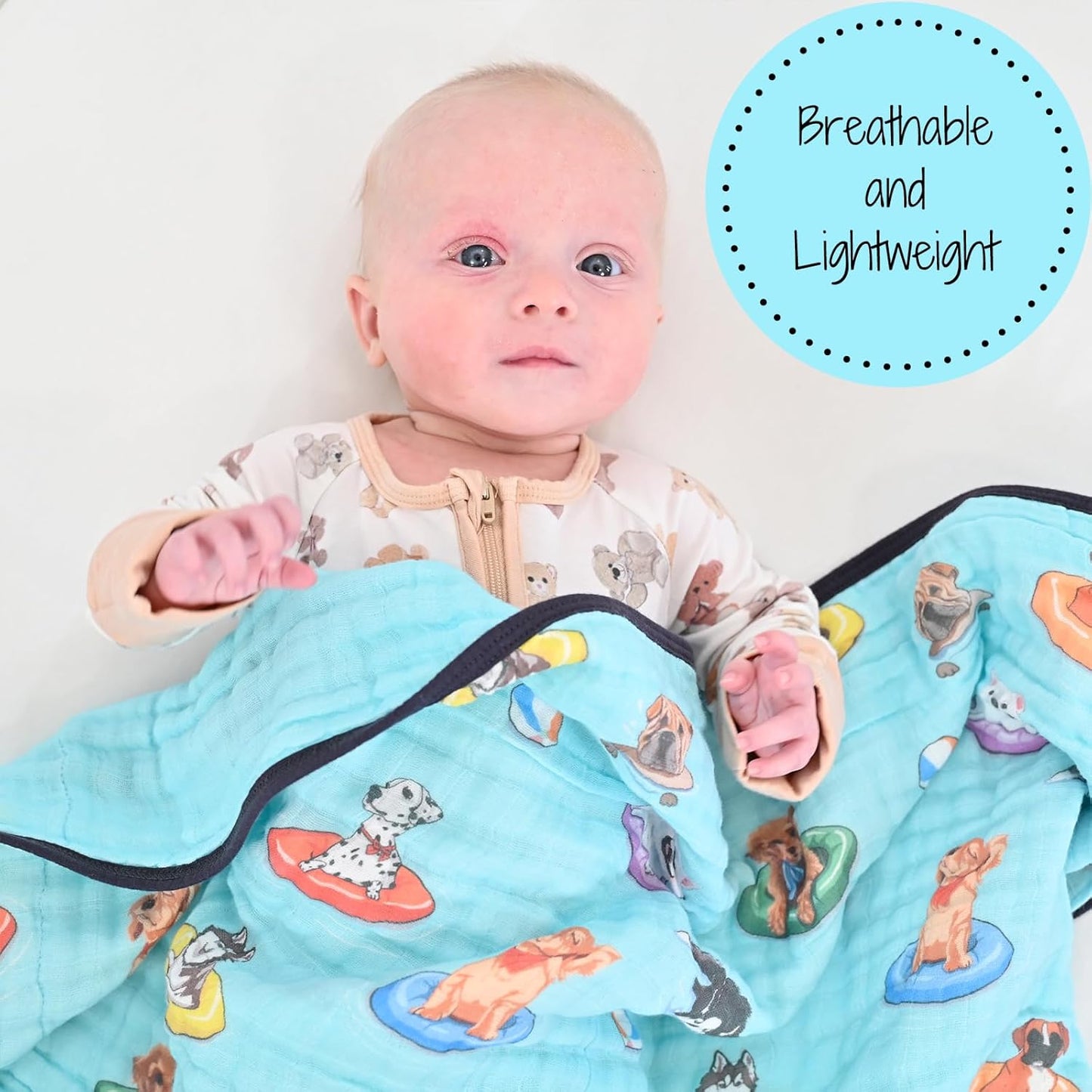LollyBanks Muslin Blanket 100% Organic Cotton, Summer Muslin Quilt Lightweight, 6 Layers Baby Blankets 47"x 47", Toddler Blanket for Boy and Girl, Nursery Receiving Blankets (Swimming Dogs Print)