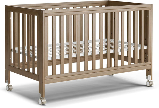 EvoNest Baby Crib, 11 in 1 Convertible Mini Crib with Wheels, 100% New Zealand Wood Growing Bed, 4 Adjustable Mattress Height ，Walnut Brown