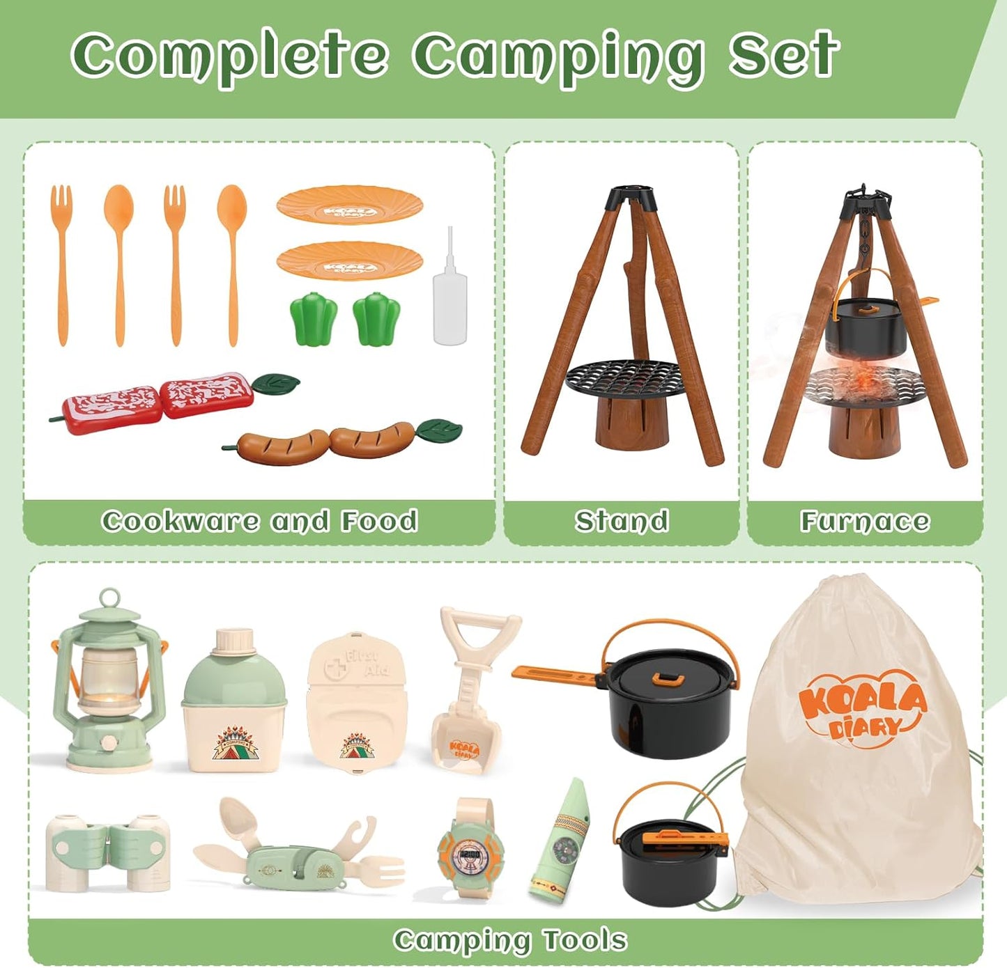 Kids Camping Toys Set - Pretend Play Camping Set with Food Toy, Spray Stove, Oil Lantern, Binoculars, Compass, Tableware, Watch & Storage Bag, Birthday for Ages 3+
