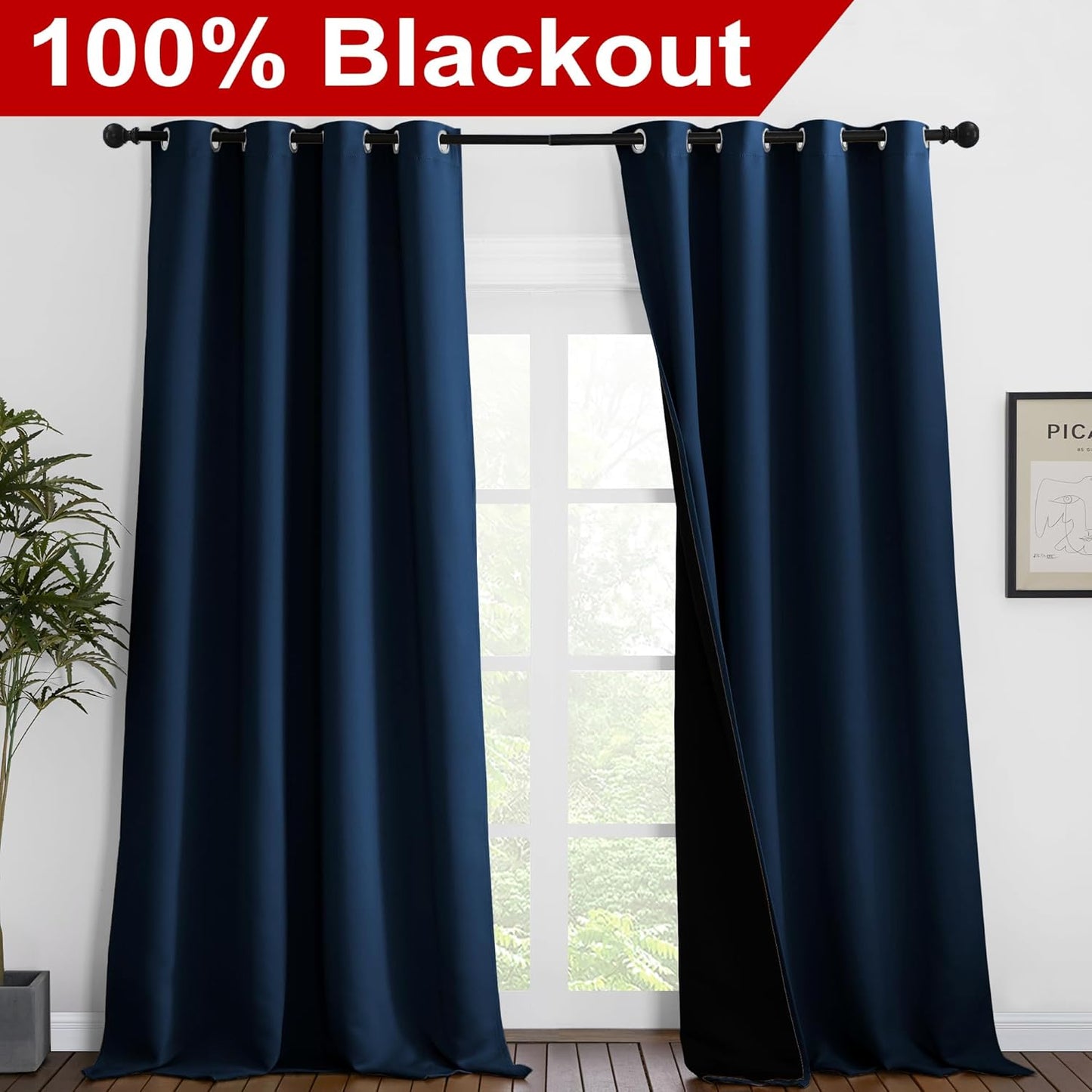NICETOWN Total Shade Curtains and Draperies, Heavy-Duty Full Light Shading Drapes with Black Liner Backing for Villa/Hall/Dorm Window(Moroccan Blue, Package of 2, 55 inches Wide x 96 inches Long)