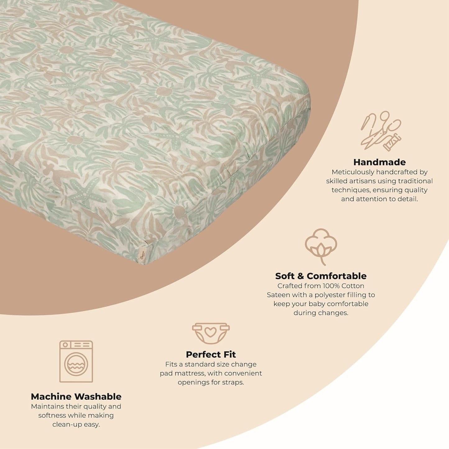 Crane Baby Changing Pad Cover, 100% Cotton Sateen Exterior Change Pad Cover, Beach Life Theme, 16" x 32", Fitted Changing Pad Covers, Changing Table Pad Cover For Nursery, Baby Registry or Shower Gift