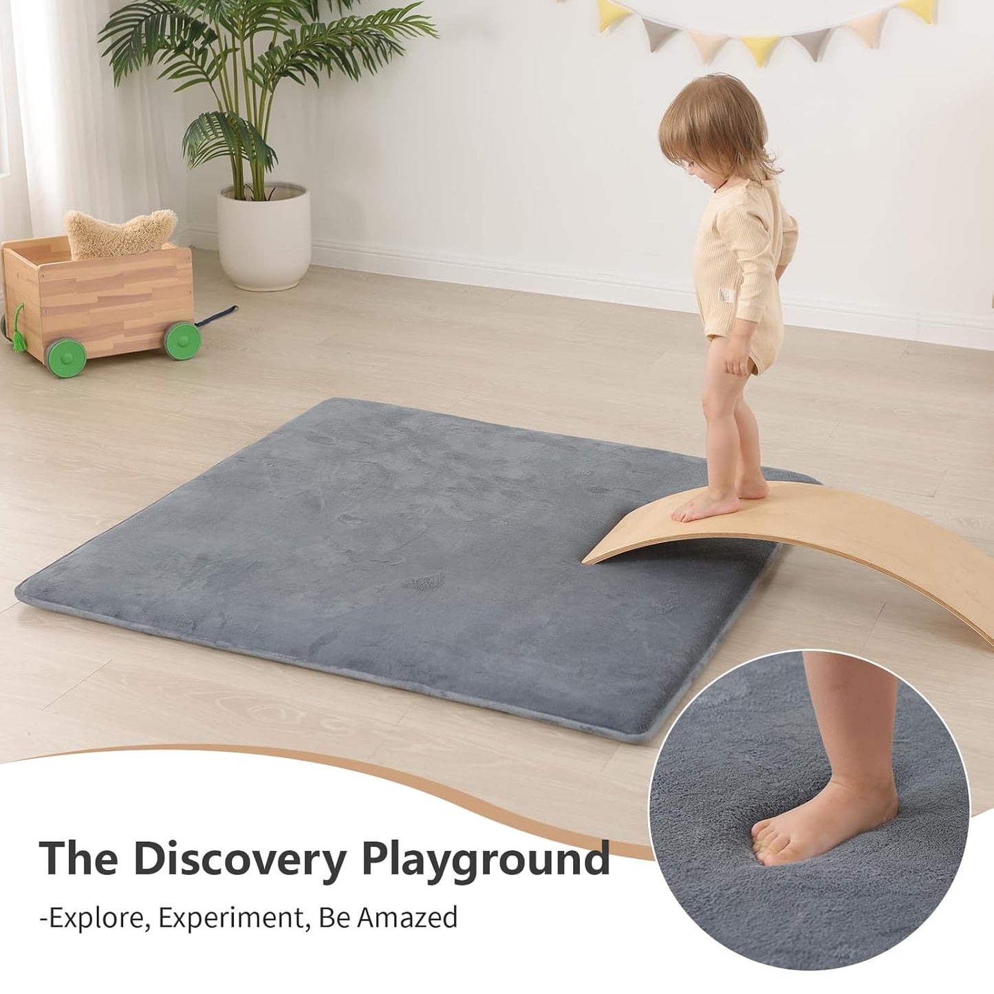 Baby Play Mat for Floor,1.3" Thick Elasti-Foam 50"×50" Playpen Mat for Tummy Time,Water Repellent Soft Coral Velvet for Toddler,Infant,Kids,Non-Slip Backing Safe for Crawling(Dark Grey)