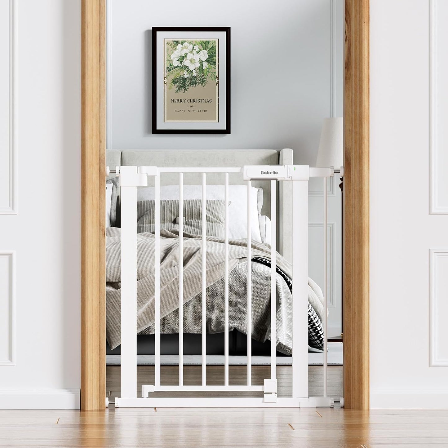 BABELIO Baby Gate for Doorways and Stairs, 26-31" Pet Gate with Wide Walk Thru Door and Lock Indicator, No Drill Pressure Mounted Safety Gate with Double Lock and Self-Closing, White