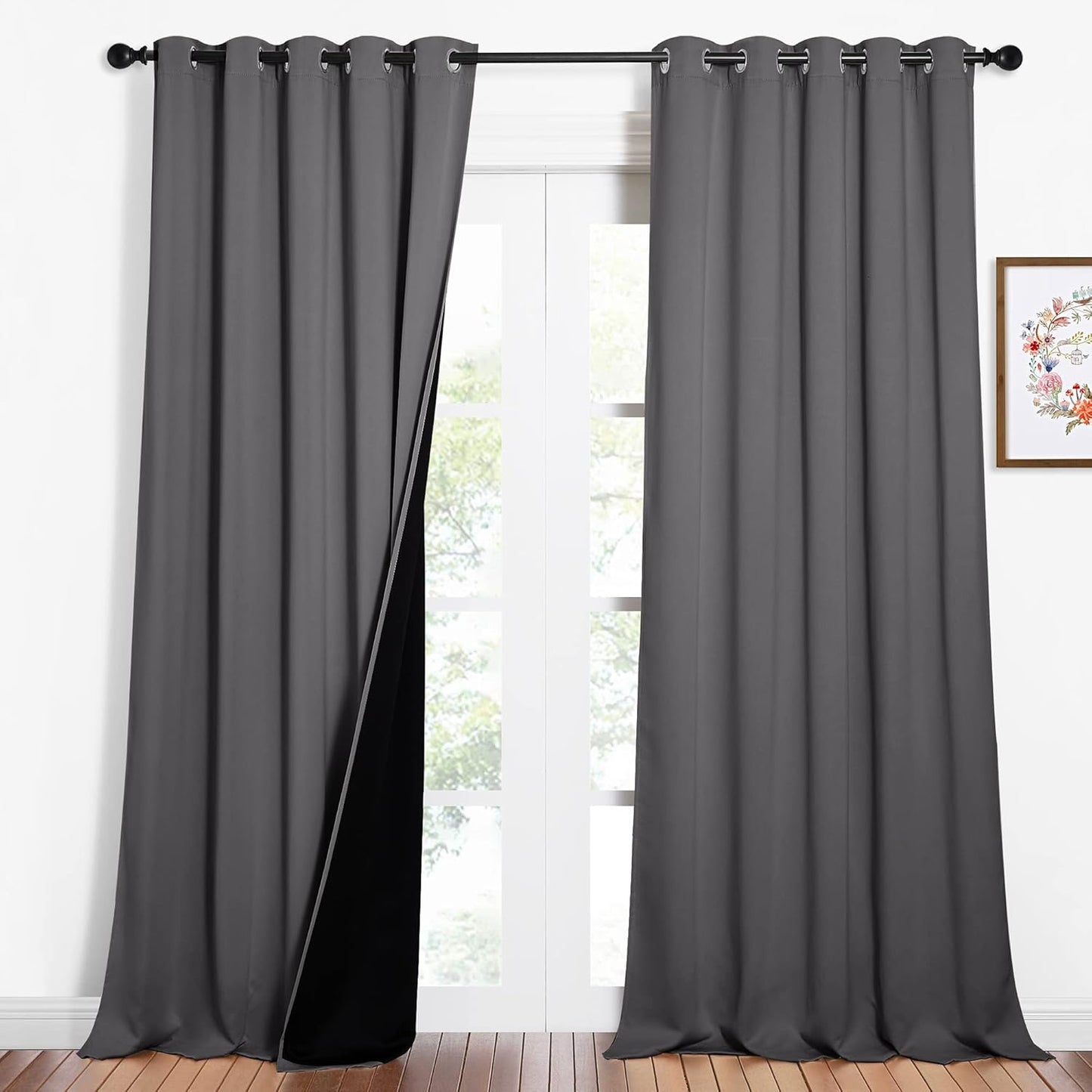 NICETOWN Total Shade Curtains and Draperies, Heavy-Duty Full Light Shading Drapes with Black Liner Backing for Villa/Hall/Dorm Window（Gray, Package of 2 Panels, 62 inches Wide x 95 inches Long