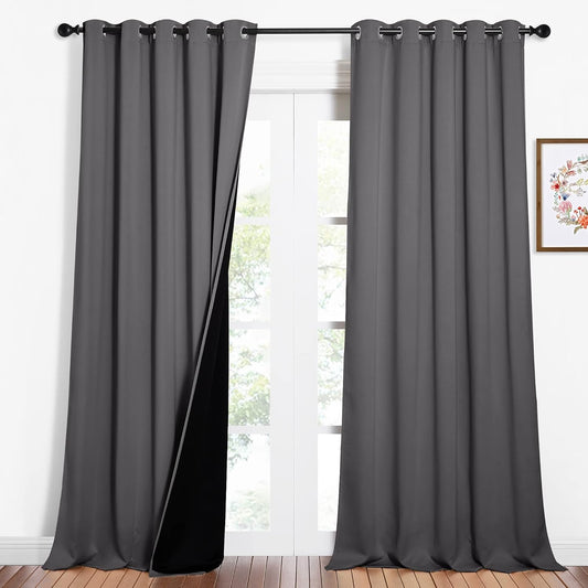 NICETOWN Total Shade Curtains and Draperies, Heavy-Duty Full Light Shading Drapes with Black Liner Backing for Villa/Hall/Dorm Window（Gray, Package of 2 Panels, 62 inches Wide x 95 inches Long