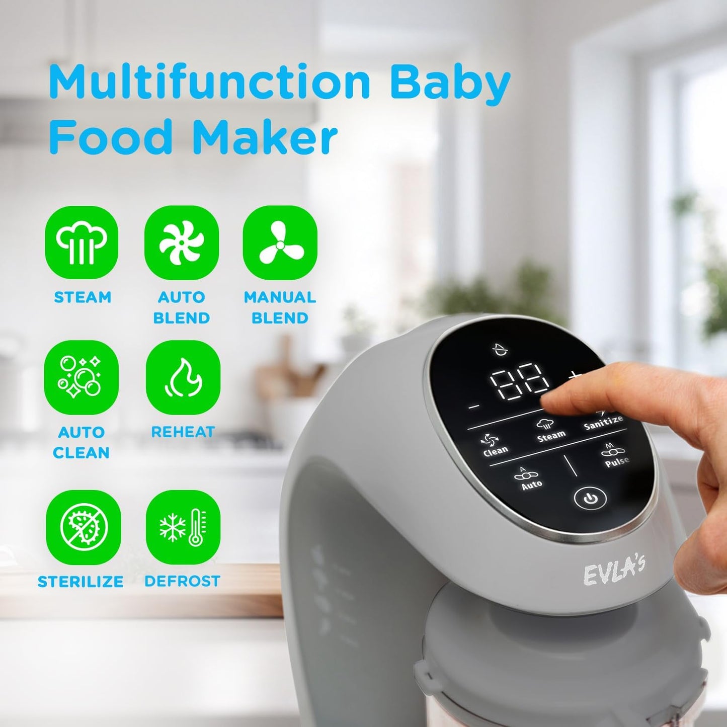 EVLA'S Baby Food Maker, Steamer, Blender, Baby Food Processor for Healthy Homemade Baby Food in Minutes, Touch Screen with 6 Reusable Food Pouches, Baby Registry Essential, Grey