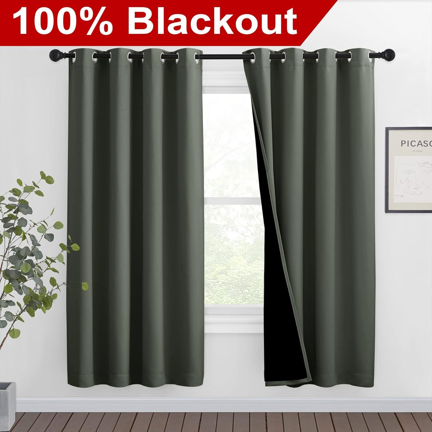 NICETOWN 100% Blackout Window Curtain Panels, Full Light Blocking Drapes with Black Liner for Nursery, 72-inch Drop Thermal Insulated Draperies (Dark Mallard, 2 Pieces, 46-inch Wide Per Panel)