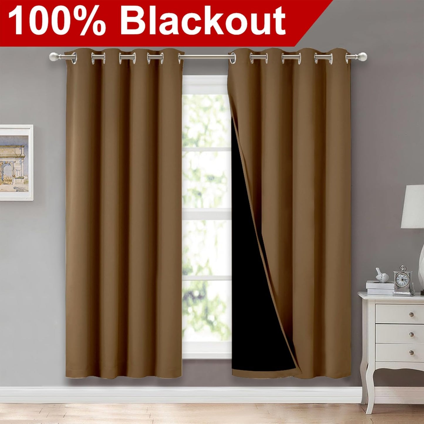NICETOWN 100% Blackout Window Curtain Panels, Gold Brown, 2 Pieces, 52-inch Wide Per Panel, Full Light Blocking Drapes with Black Liner for Nursery, 72-inch Drop Thermal Insulated Draperies
