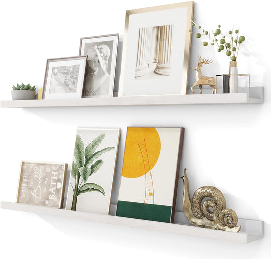 Solid Ash Wood Picture Ledge Shelf, Wood Floating Shelves Set of 2, 48 Inch Long Large Photo Ledge Shelves, Nursery Book Shelves Wall Mounted for Living Room Kids' Bedroom Decor, White