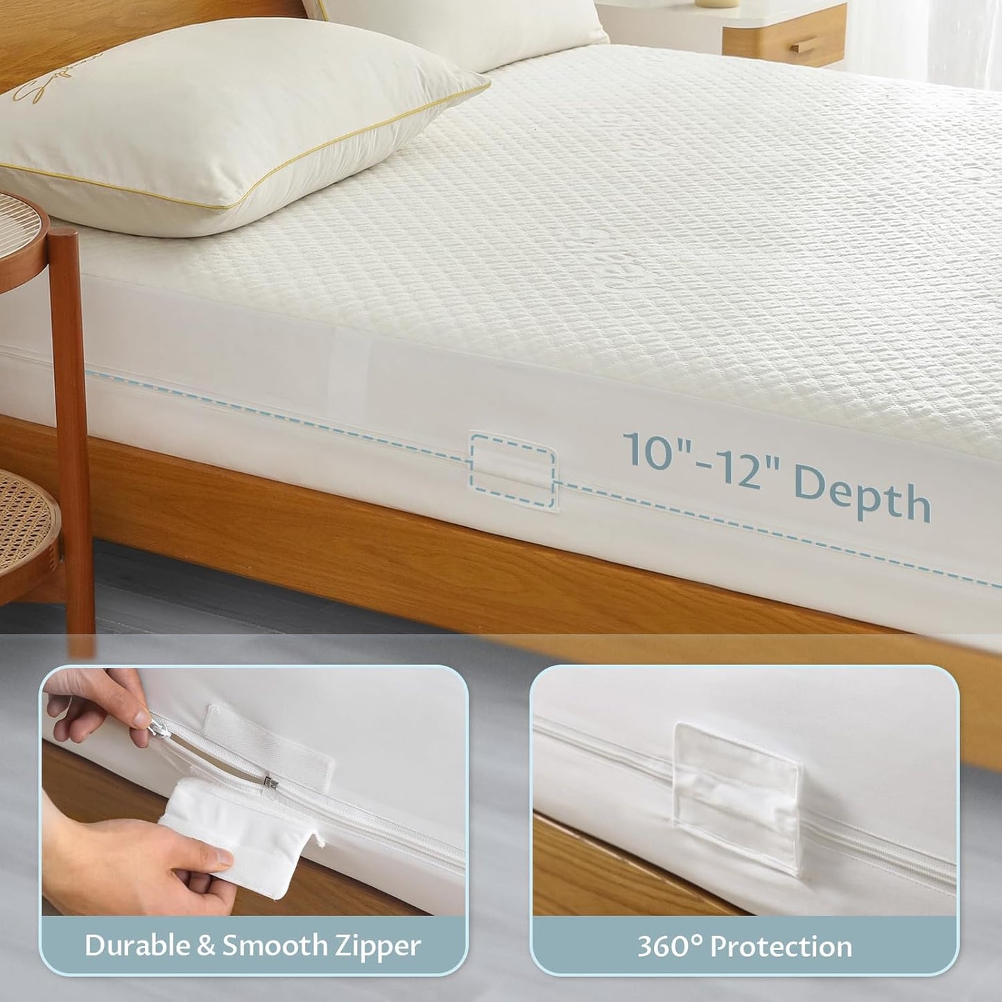 Full Size Mattress Protector with Zipper - 100% Waterproof Zippered Mattress Cover - Soft & Cooling Noiseless Bed Mattress Covers - Top Removable Mattress Encasement 10-12" Deep
