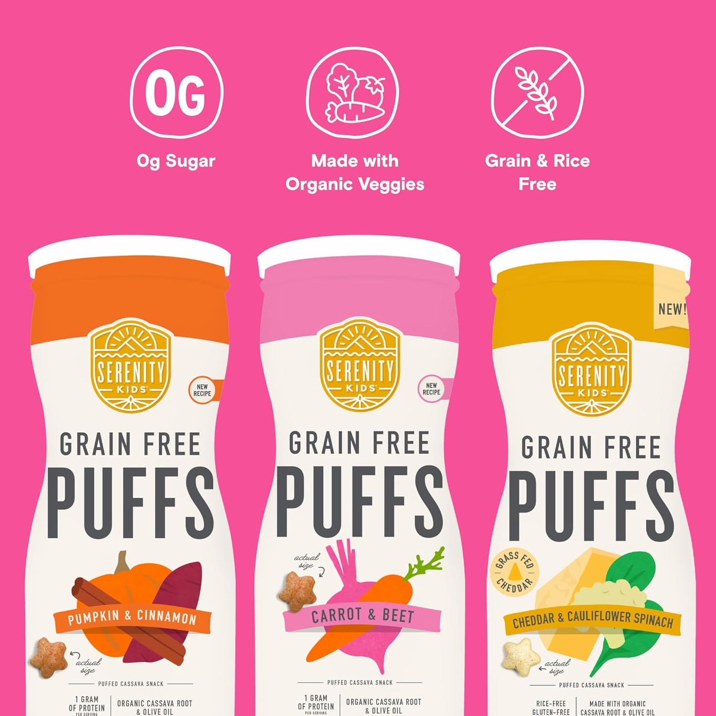 Serenity Kids 6+ Months Grain-Free Baby Puffs Snack - Baby & Toddler Snacks for 6+ Months - No Added Sugar & Gluten & Rice Free - BPA & Allergen Safe with Organic Cassava & Veggies - 1.5 Oz, 6 Pack