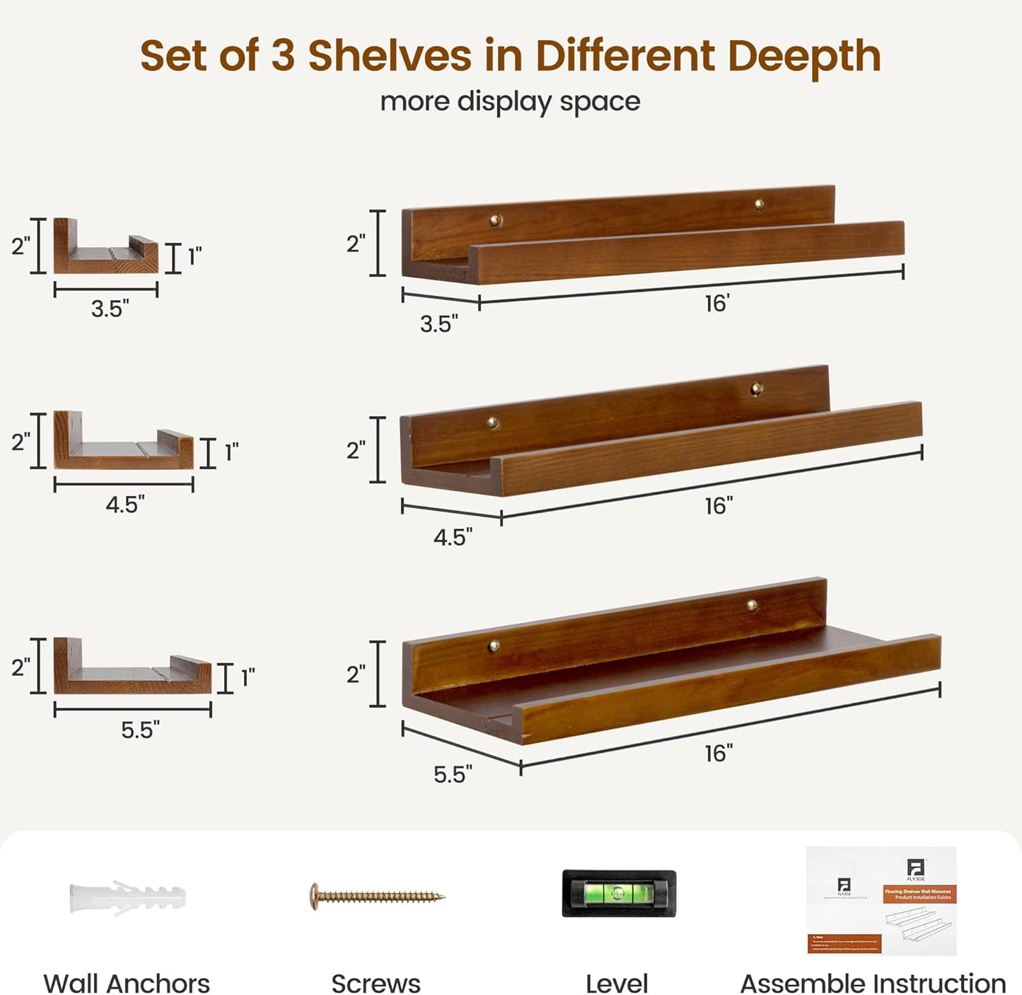 Pine Wood Rustic Floating Ledge Shelves Set of 3, 16 inches Width - Solid Pine, Walnut Finish - Kids' Room to Living Room Wall Decor