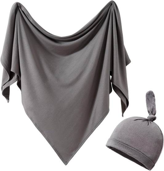 iEvolve Cotton Knitted Baby Swaddle Blanket with Hat Headband Set Newborn Swaddle Wrap Receiving Blankets for Baby Girl Boy 35" x 35"(Dark Grey)