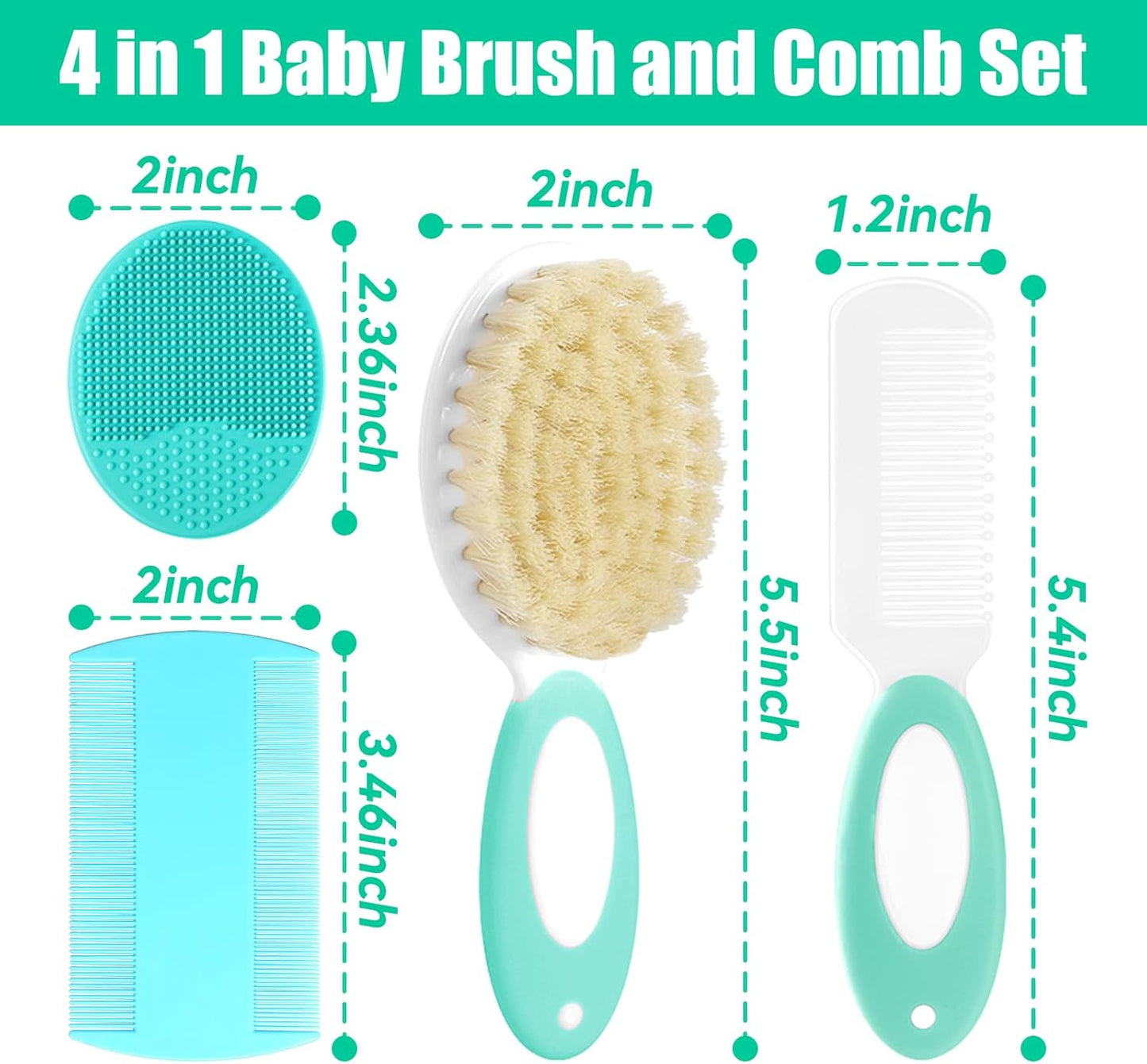 Baby Hair Brush and Comb Set, 4Pcs Baby Soft Bristles Hairbrush Cradle Cap Brush Hair Comb for Newborns Toddlers Boys Girls (Green)