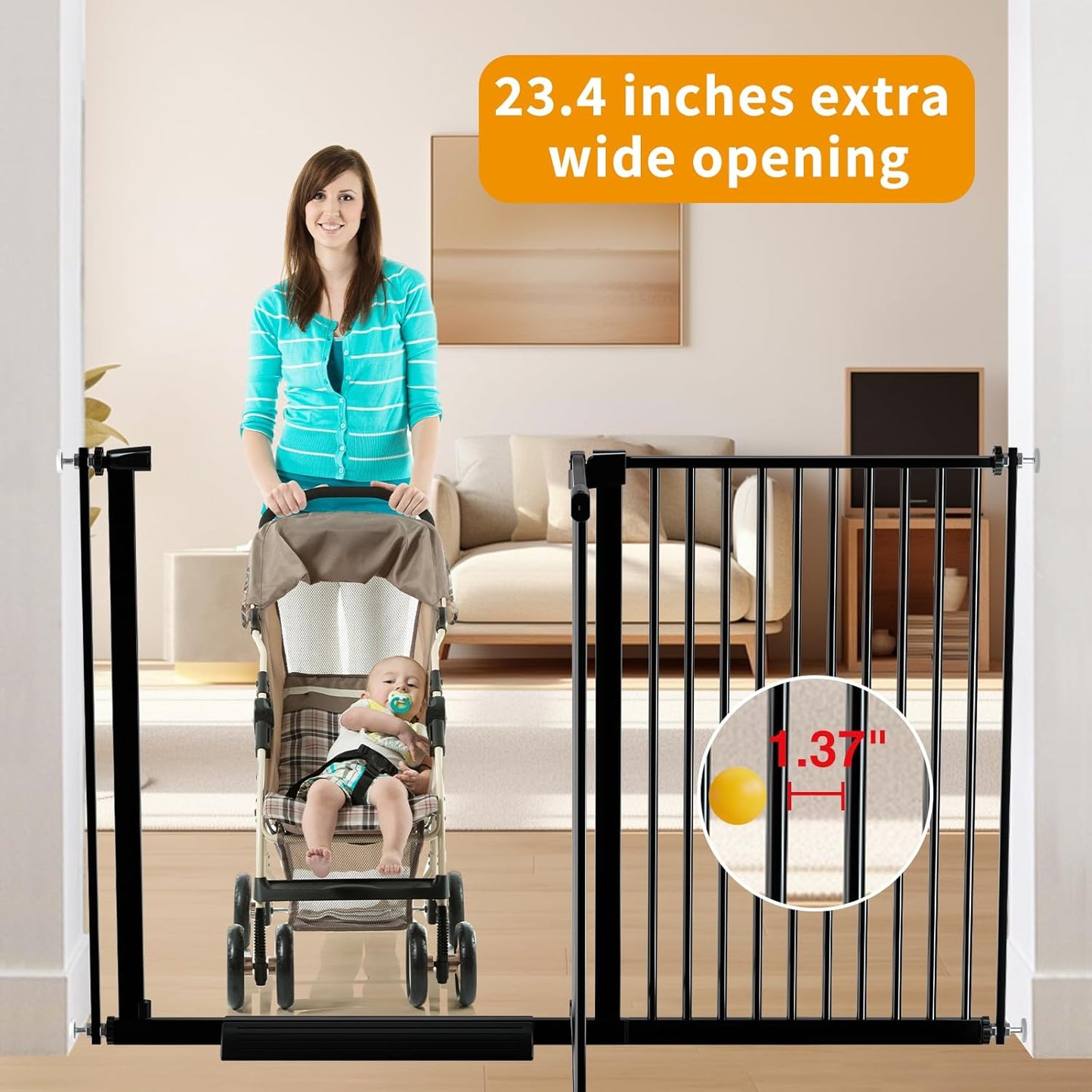 Extra Wide Baby Gate 30.11-77.36",Ultra Narrow 1.37" Spacing Dog Gate indoor,Double Lock Auto Close Pet Gate for House,Pressure Mounted Baby Gate Easy Walk Through Pet Gate for Hallway(Black)