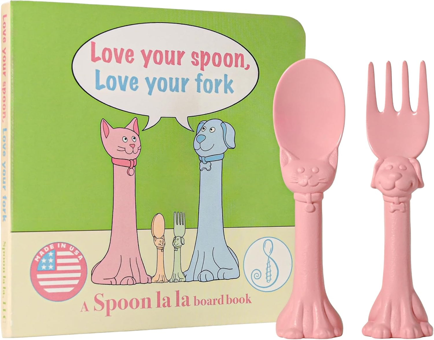 Made in USA Spoon la la Toddler Utensils Set (2 Pack) & Board Book - Spoon & Fork for Kids, Self-Standing 3D Ergonomic Cat & Dog Handles, BPA-free, Dishwasher Safe Baby Silverware (Pink)