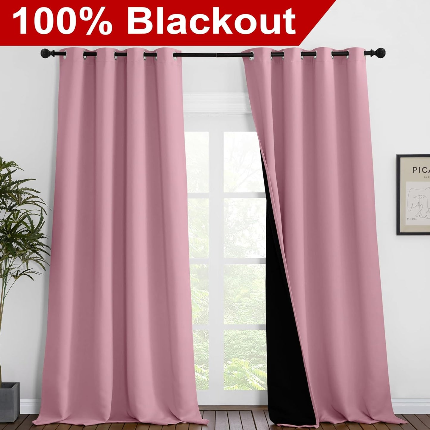 NICETOWN 100% Blackout Blinds, Set of 2, 52 inches x 120 inches, Laundry Room Decor Window Treatment Curtains for Large Patio Sliding Door, Thermal Insulated Crystal Pink Curtains for Bedroom